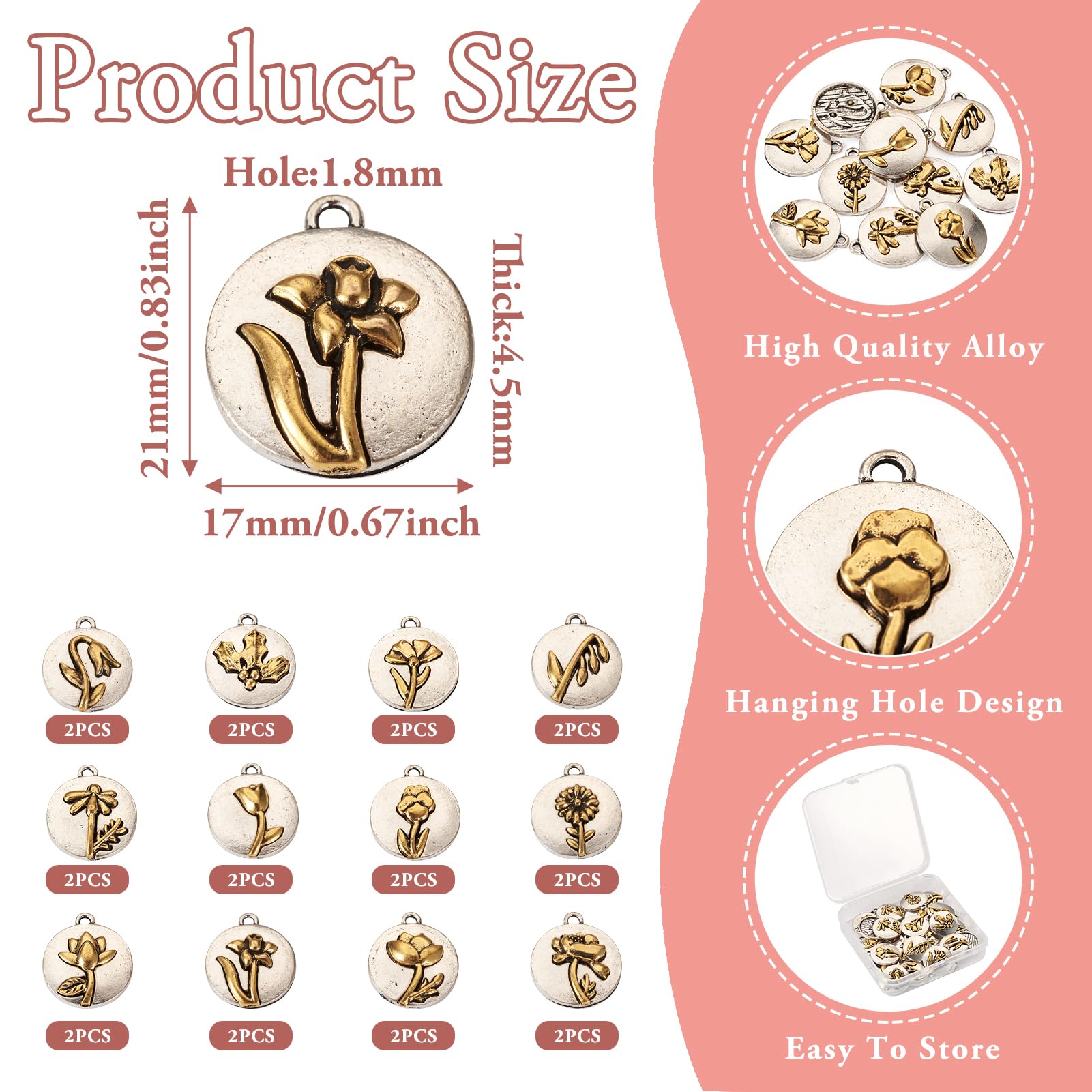 PandaHall 24pcs Tibetan Style Flower Charms Pendants Antique Sliver Flat Round Dangle Charms for DIY Crafts Necklace Jewelry Making - Image 3