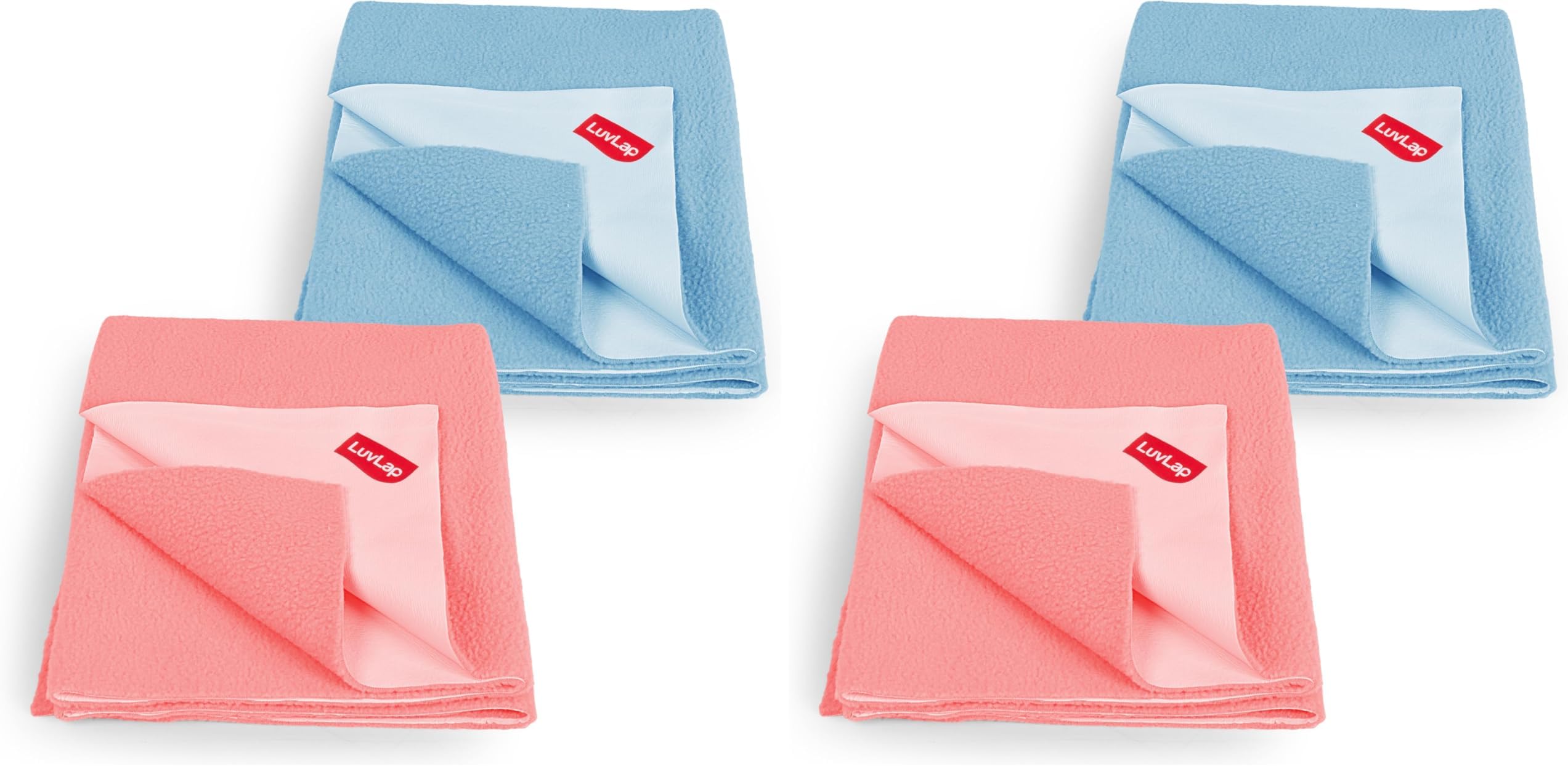 LuvLap Instadry Anti-Piling Fleece Extra Absorbent Quick Dry Sheet for Baby, Baby Bed Protector, Waterproof Baby Sheet, Small Size 50x70cm, Pack of 4, Sky Blue & Salmon Rose
