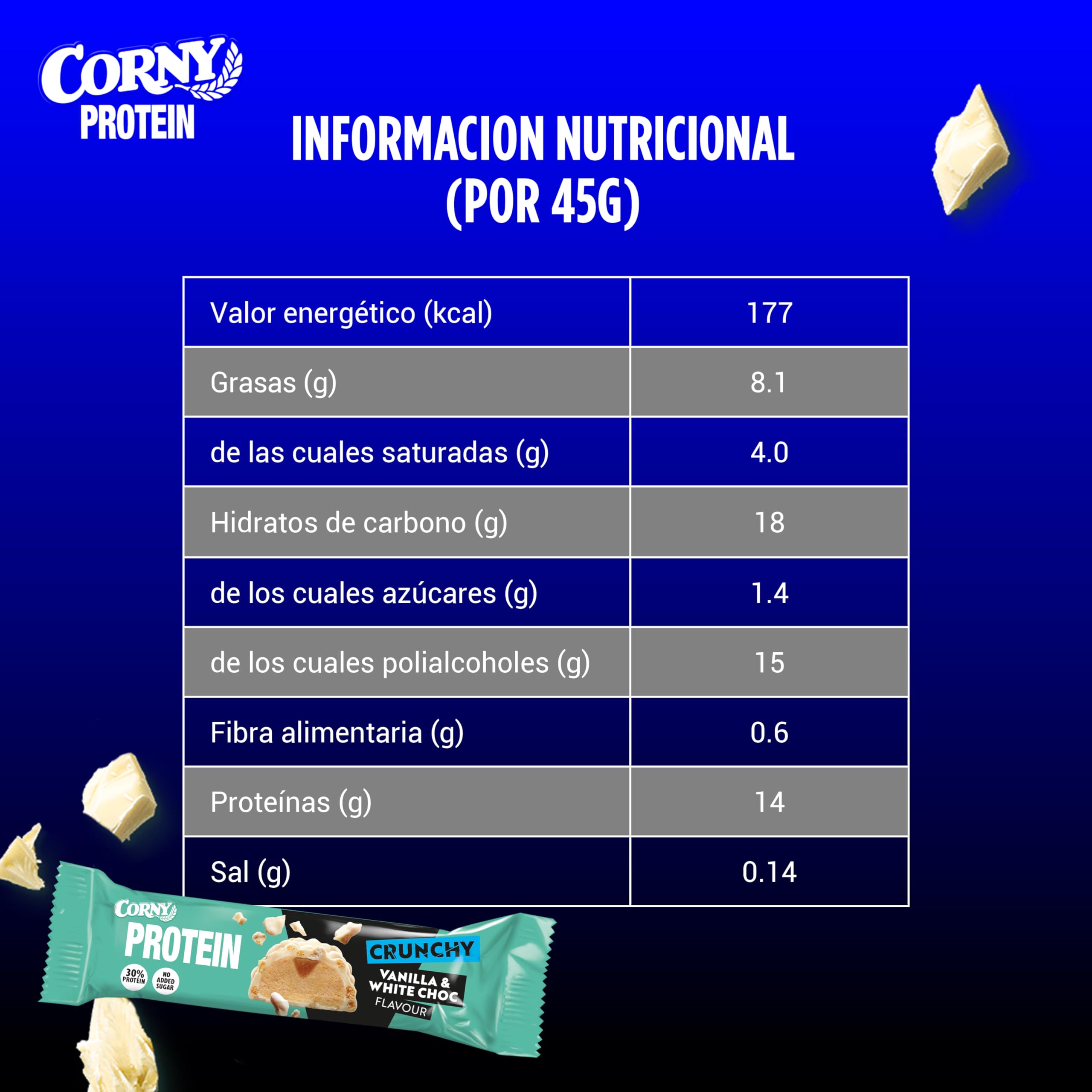 Barritas de Proteínas, Corny Protein, Crunchy Chocolate Blanco Sabor Vainilla, 13,5 gr de Proteínas, 0% Azúcares Añadidos - Pack 12x45 g Taste the Power