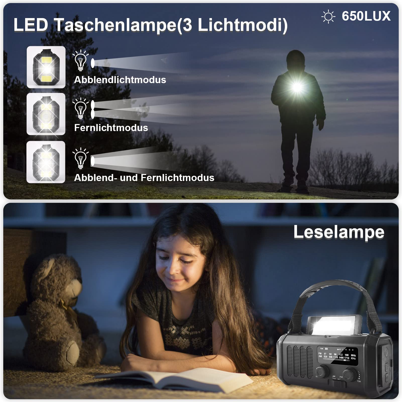 YIKANWEN Radio a ghirlanda con 20000 mAh batteria ricaricabile, radio solare portatile, radio di emergenza con dinamo AM/FM, power bank, lampada da campeggio LED, allarme SOS, bussola (nero)