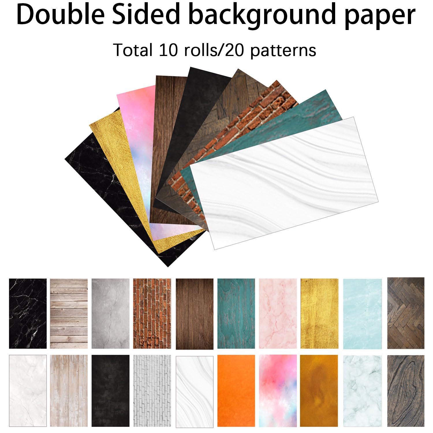Lot de 10 Toiles de Fond pour Photographie - 30 x 40 cm - Papier de Fond Double Face - 20 Motifs - Carton Réfléchissant pour Aliments, Bijoux - avec Sac de Rangement