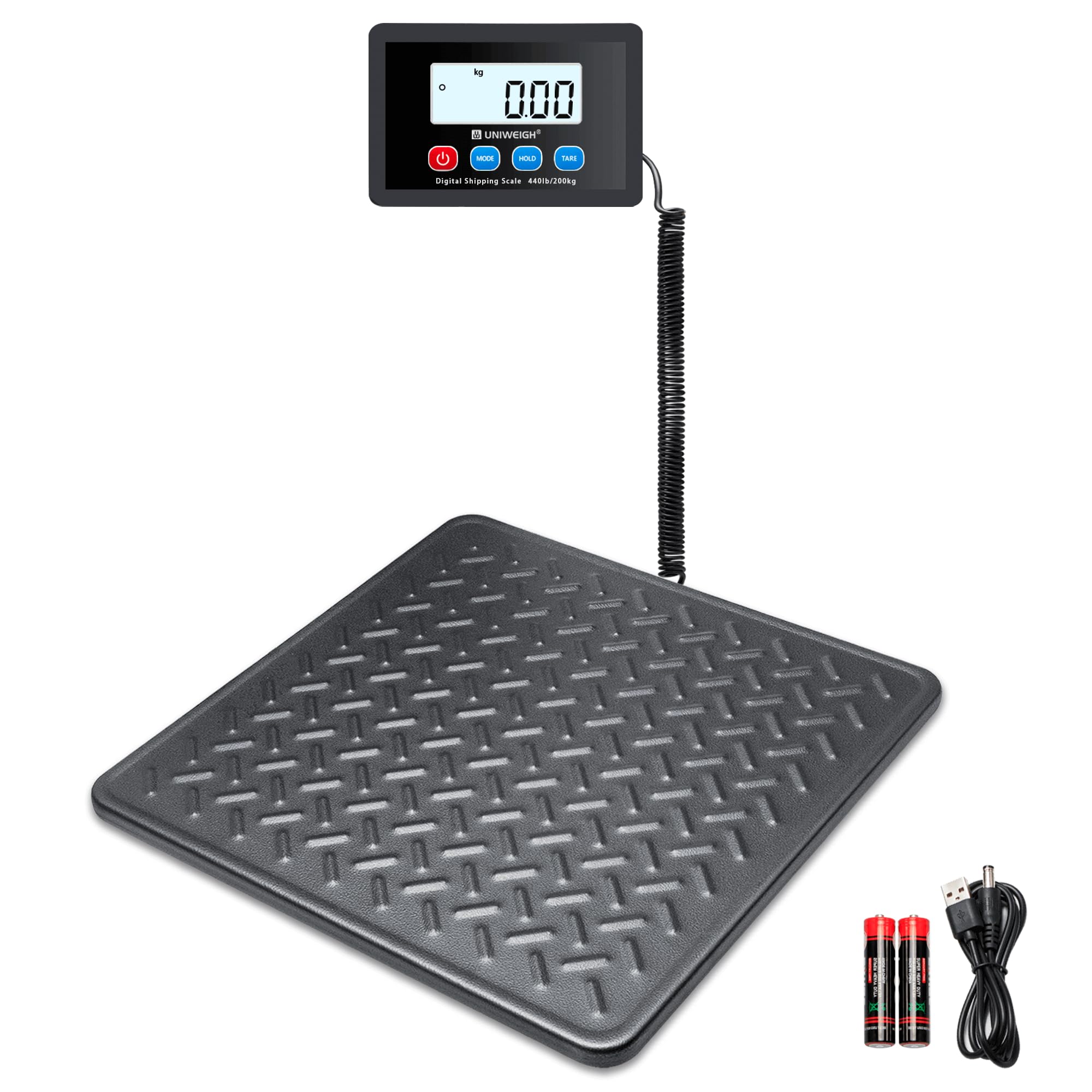 UNIWEIGH Báscula digital de precisión 10 g, plataforma de acero duradera, para paquetes/almacenes/equipaje, báscula de paquete con LCD/Hold/Tara, pilas y USB