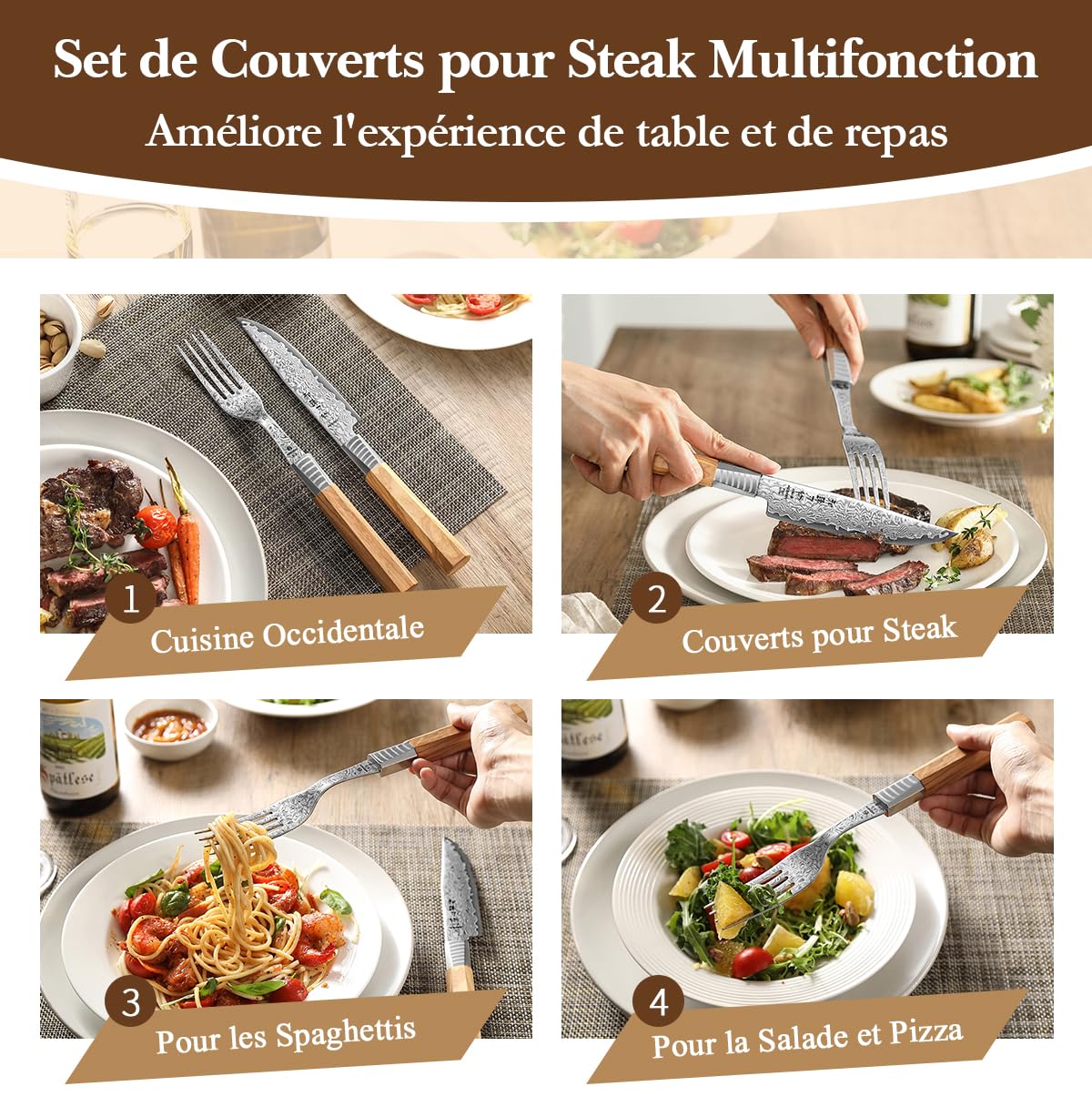 HEZHEN Set de Couverts 2 Pièces, Ensemble de Couteaux à Steak Damas | Inclut des Couteaux à Steak et Fourchettes,Acier Damas à 67 Couches,Manche Octogonal en Bois d'Olivier,pour Couteau de Table