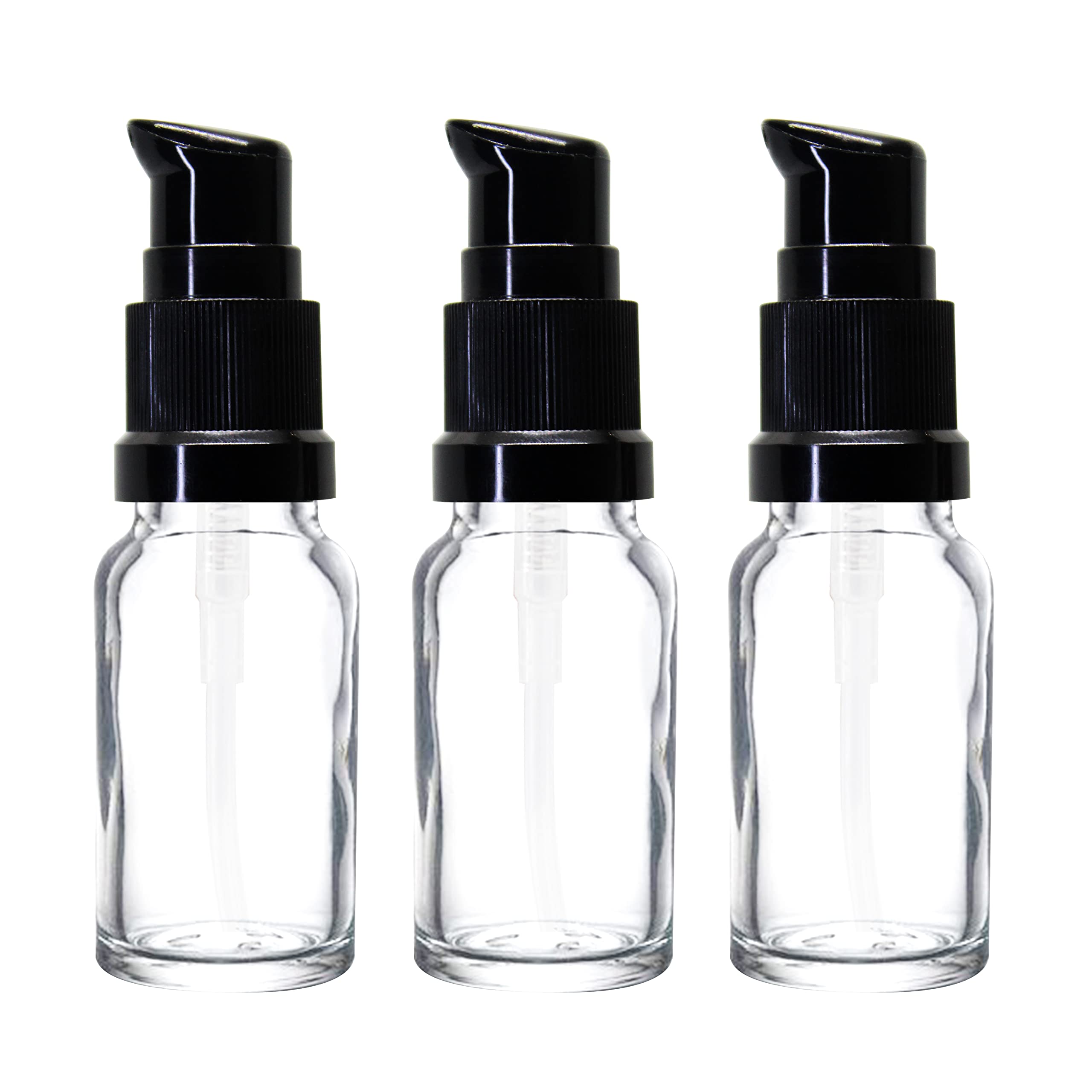 10 ml Clear/Transparent Round Empty Glass Bottle With Lotion Pump And Black Cap For Essential Oils, Diy Skin Care, Cosmetics, Bottle (Pack Of 3)