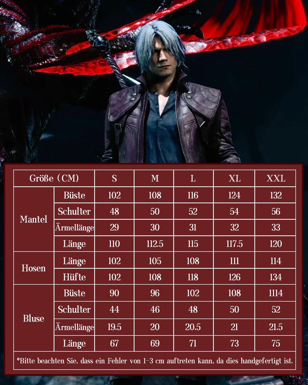 CR ROLECOS Dante Cosplay Disfraz de Diablo Rojo Abrigo Trenchcoat Chaqueta Larga Anime Cosplay Completo Set Halloween Carnaval