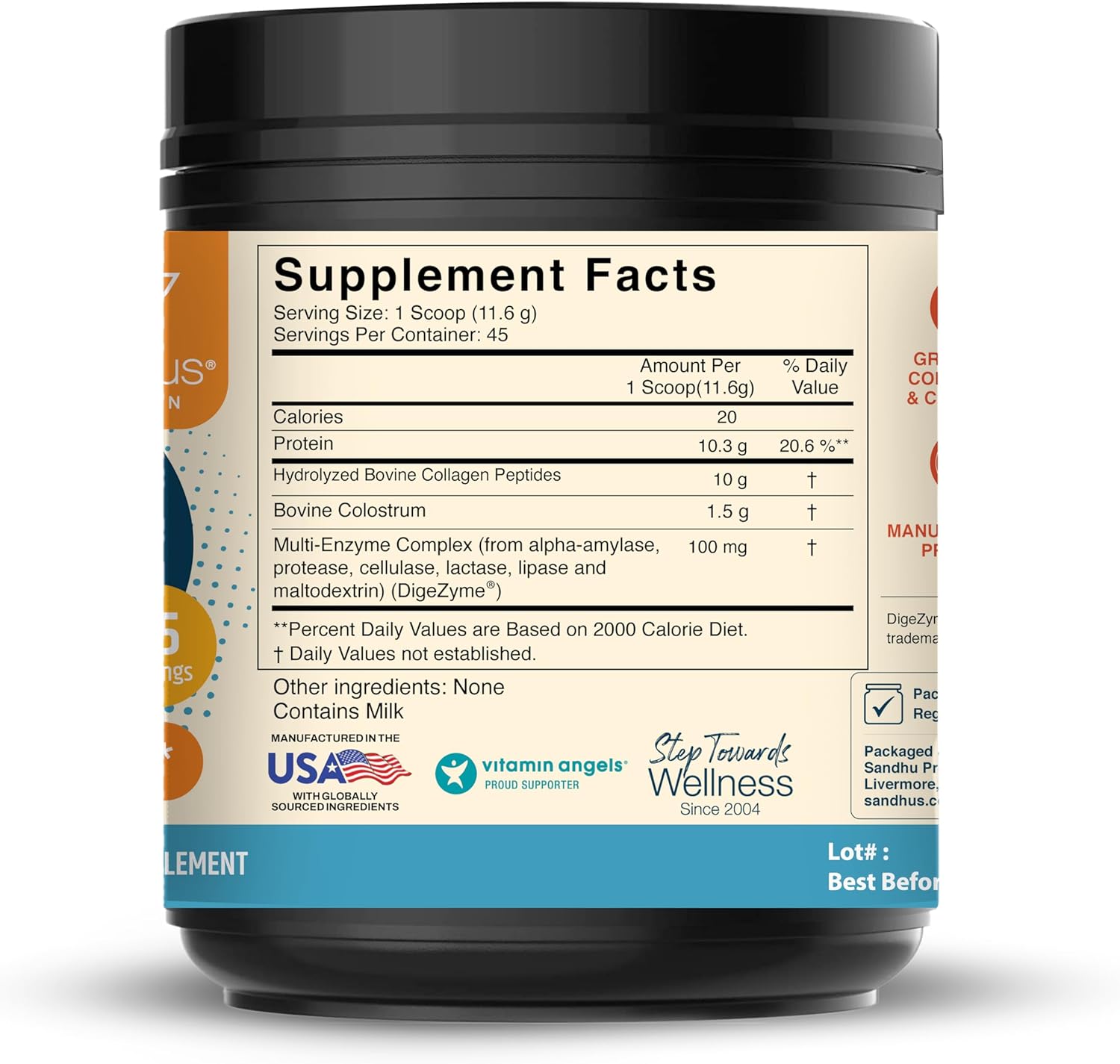 Sandhu's Bovine Colostrum with Collagen Powder | Hair, Beauty, Skin & Nail Supplement | Supports Gut, Immune Health | Digestive Enzymes | 45 Servings Large Pack | Nutrition for Women