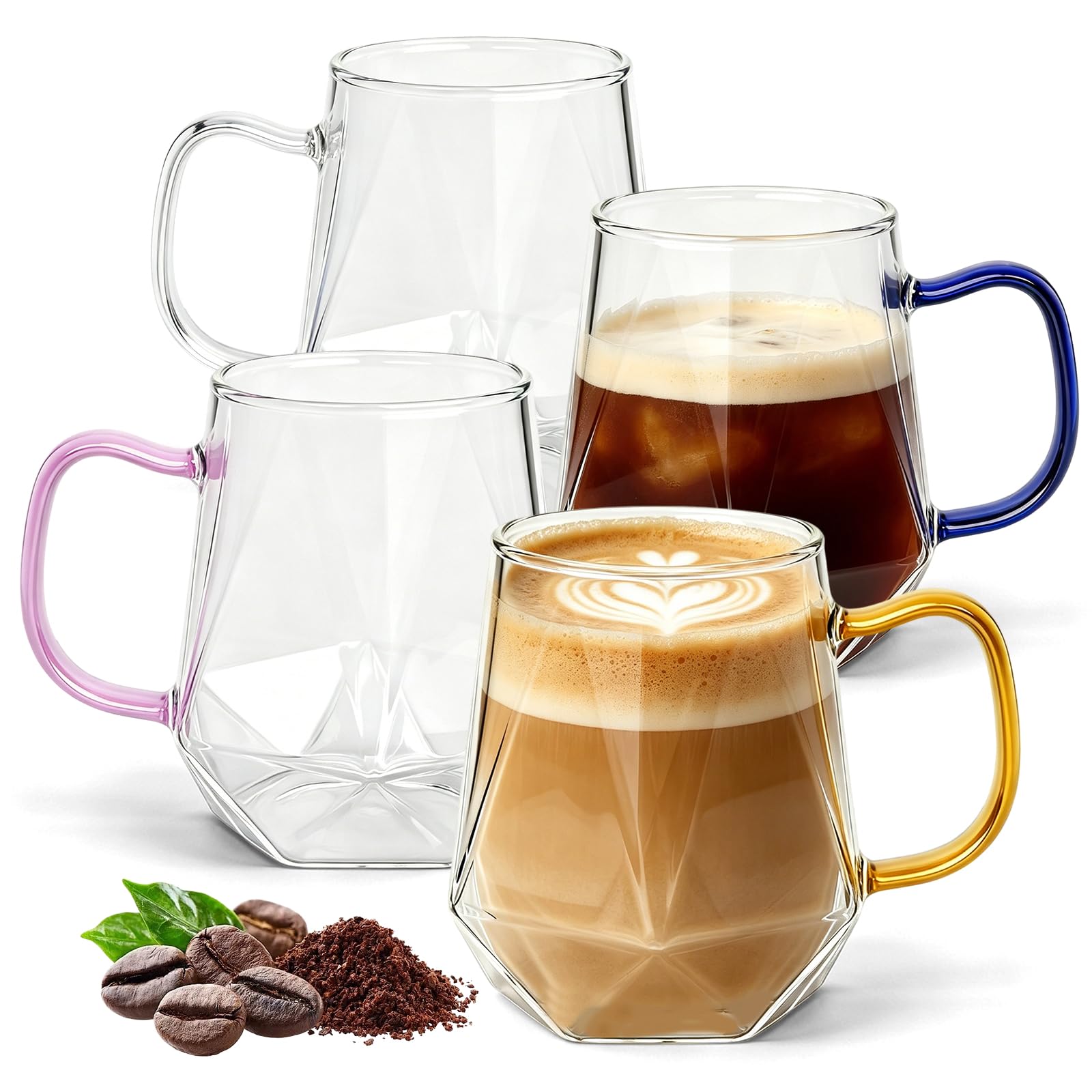 Yogidosm 4 Pcs Glass Coffee Mugs 350ml with Handle