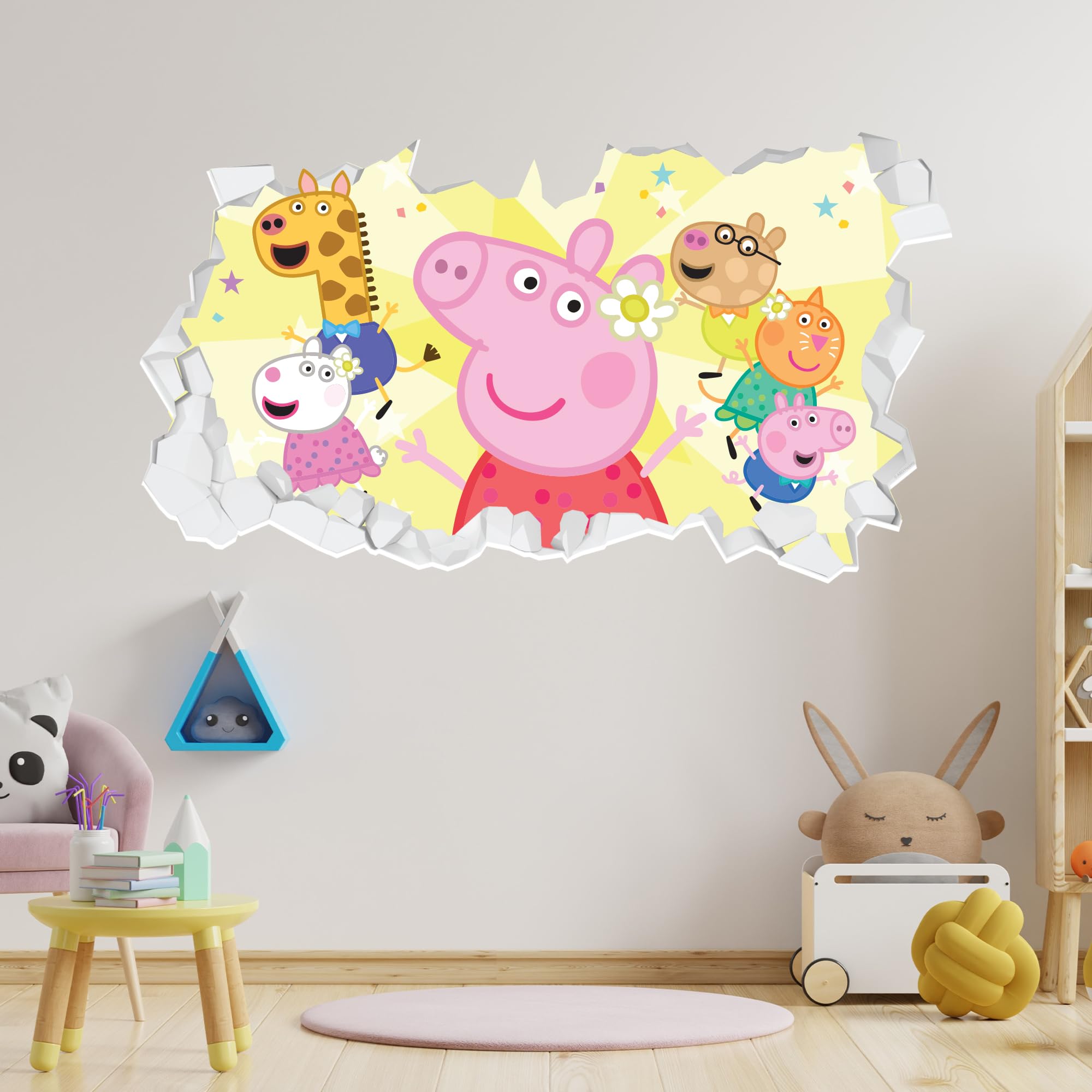 Themed Blue Peppa Pig Wall Sticker - Peppa Pig And Friends Party Broken Wall Decal Kids Art (60Cm Width X 35Cm Height)