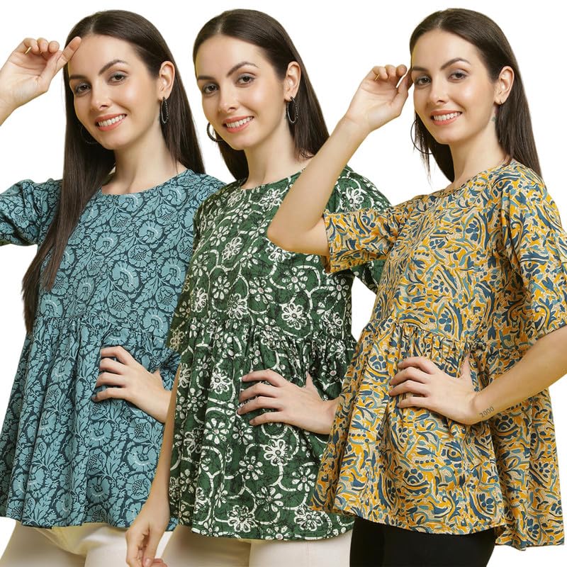 Image of Pinkimint Crape Combo Top for Women ll Stylish Casual Flared Fancy Sleeve Printed Regular Fit Top (Pack of 3)