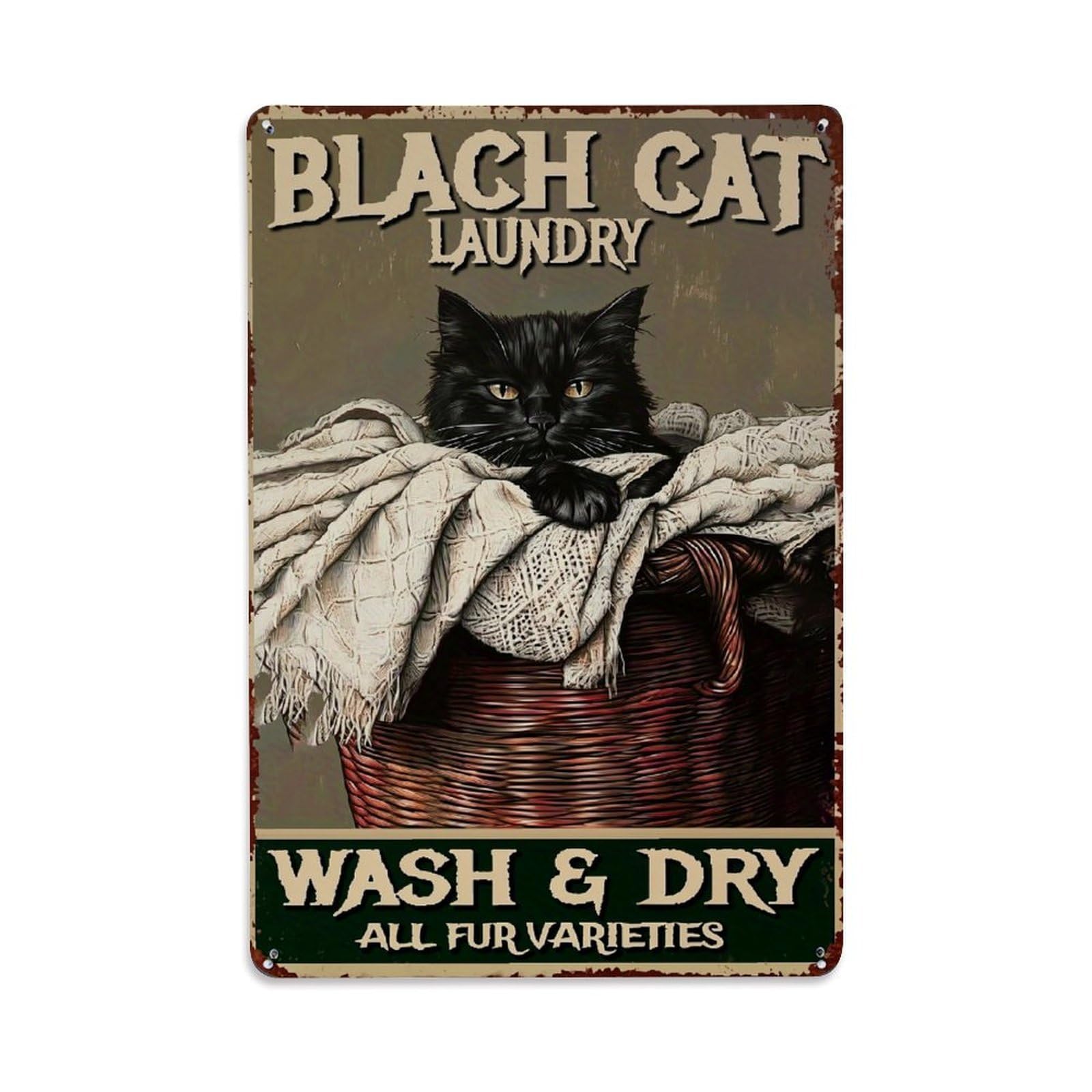 Bliveurn Vintage Black Cat Laundry Basket Print_1 Retro Metal Tin Sign, Metal Poster For Home, Gaming Room, Studio Workshop,Bar,Garage Wall Art Decor 8X12 Inch