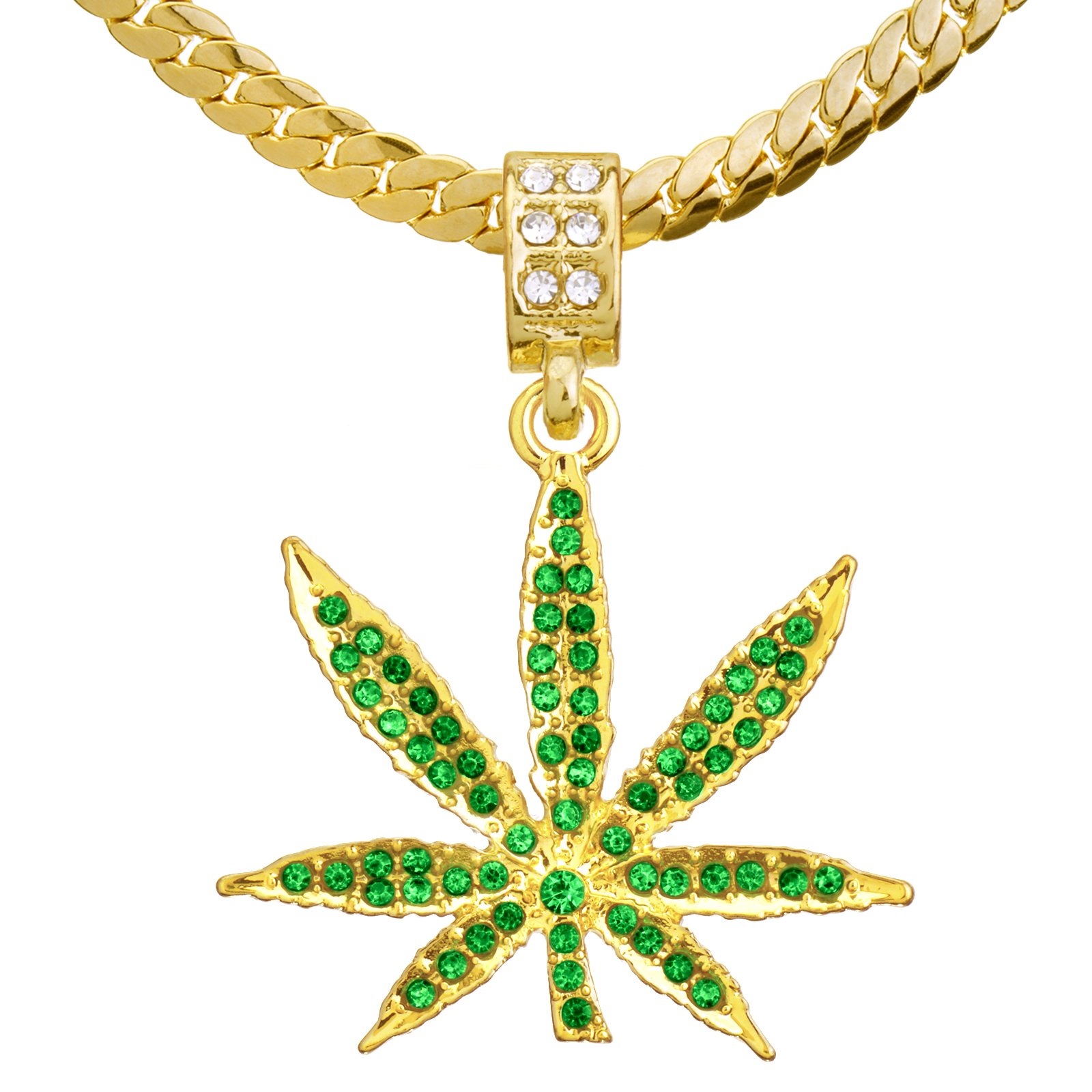metaltree98 14K Gold Plated CZ Weed Marijuana Pendant 20" Miami Cuban Chain Necklace MCP 1064 G