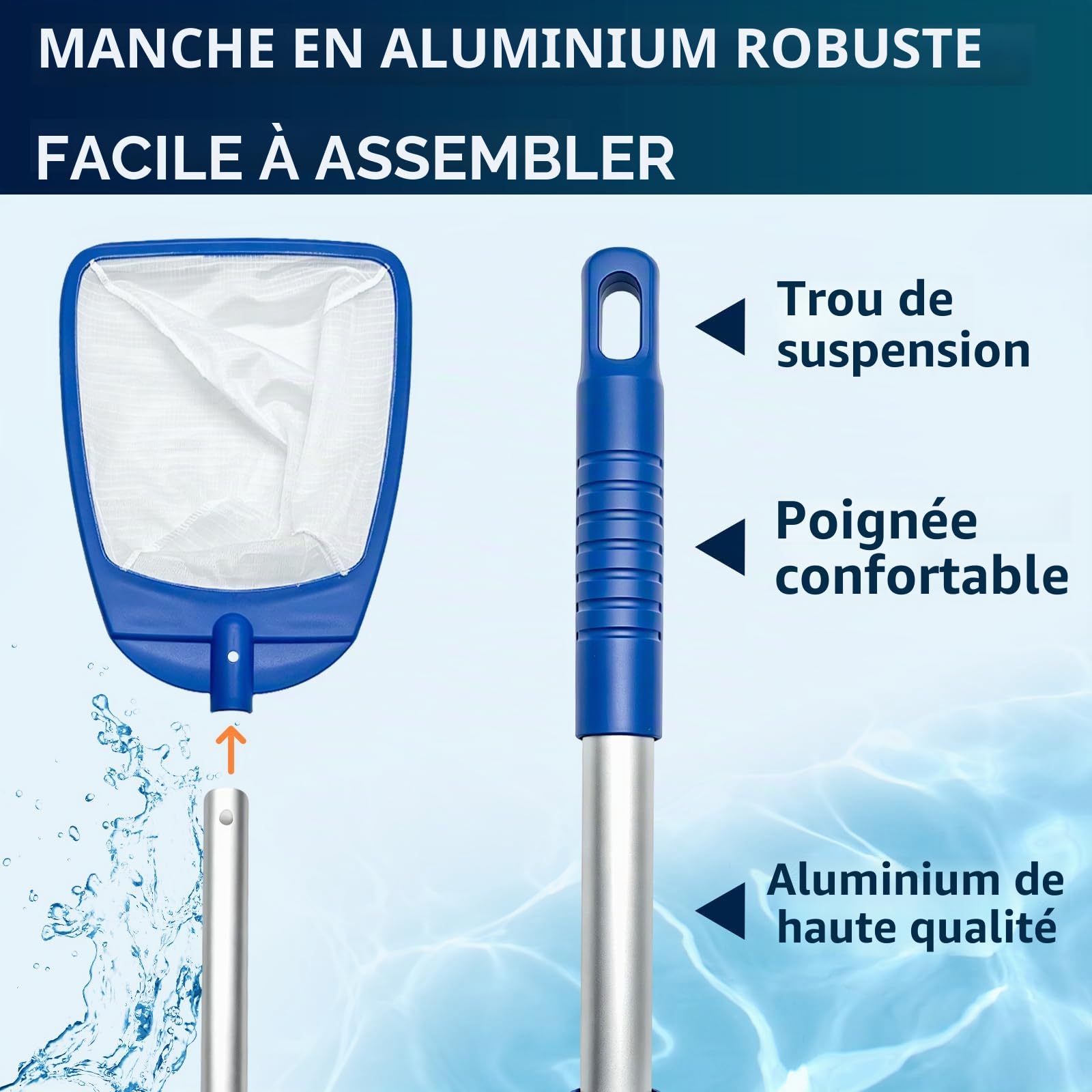 POOLIFE Épuisette de piscine avec poignée, filet à mailles ultra fines