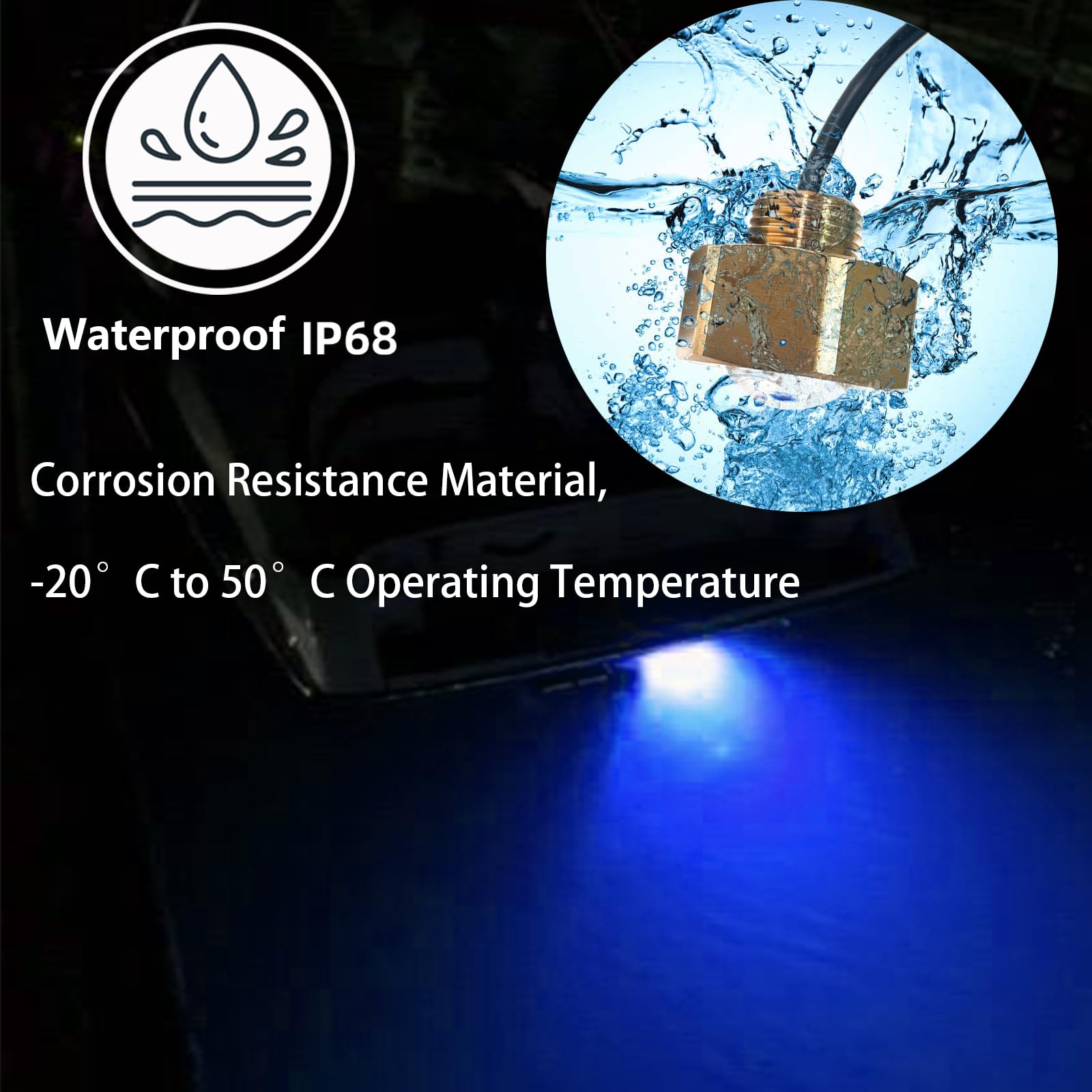1/2" NPT Boat Drain Plug Light – IP68 Waterproof, Blue LED, 12V – Underwater Light For Swimming, Fishing, Night Cruising