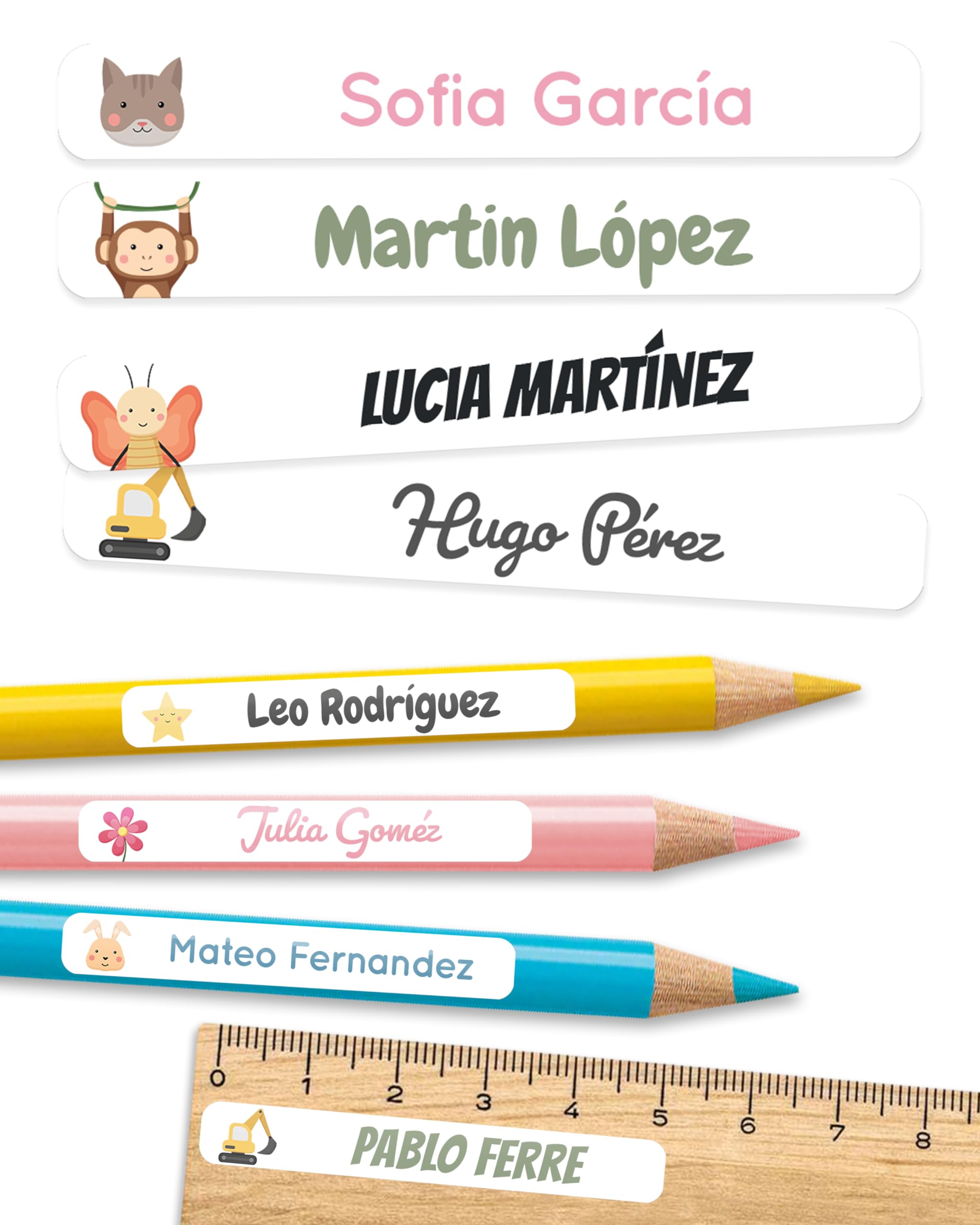 melu kids® Etiquetas adhesivas personalizadas objetos para colegio y guardería (75 uds.) - etiquetas personalizadas libros, etiquetas nombre material escolar - resistentes al lavavajillas - Blanco
