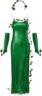 Women Halloween Poison Ivy Costume Sequin Green Leaves Cosplay Outfit Slim Long Split Dress And Headband Arm Sleeves Bodycon Set