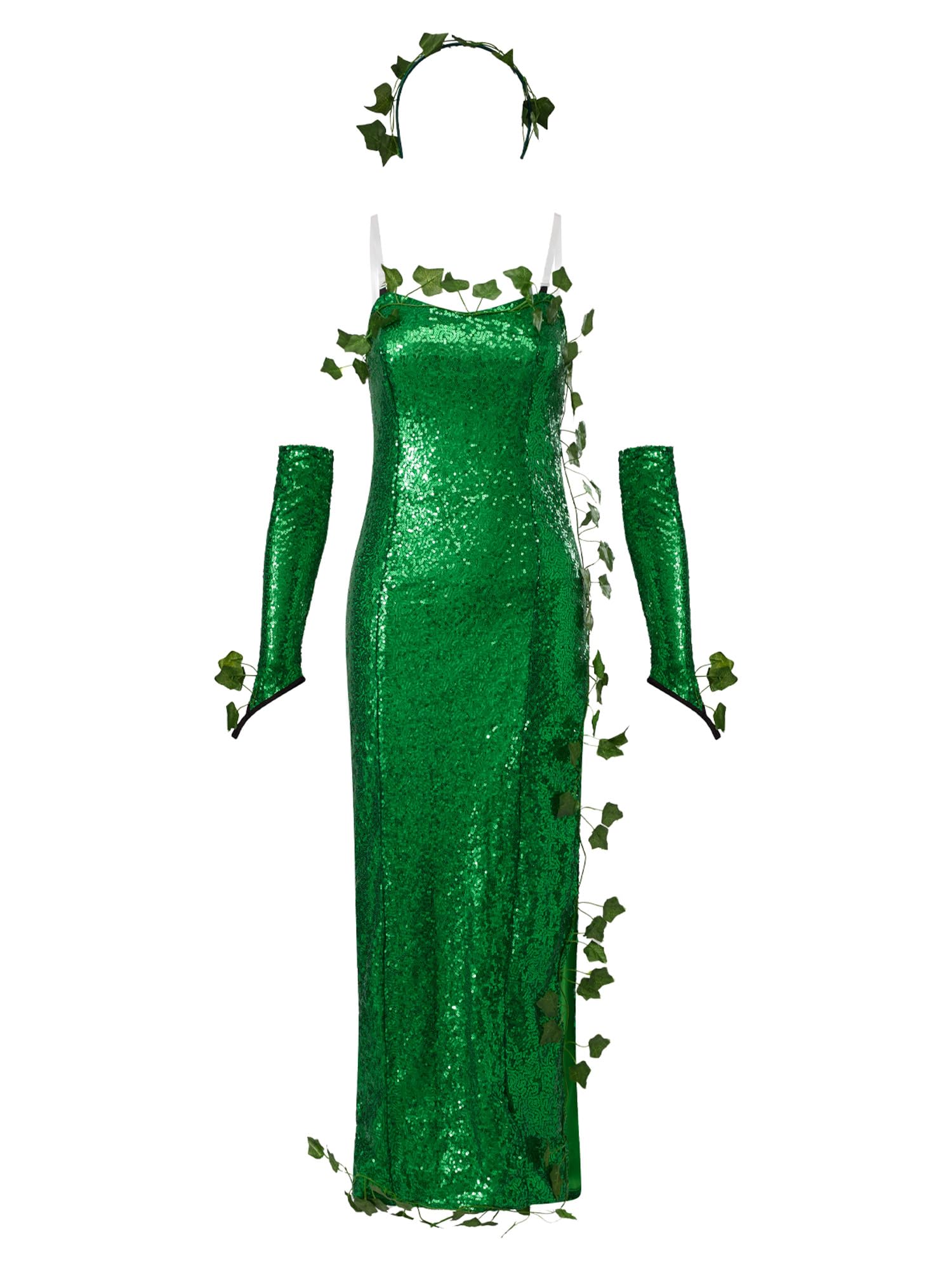 SANSIWU Women Halloween Poison Ivy Costume Sequin Green Leaves Cosplay Outfit Slim Long Split Dress And Headband Arm Sleeves Bodycon Set (Army Green, S)
