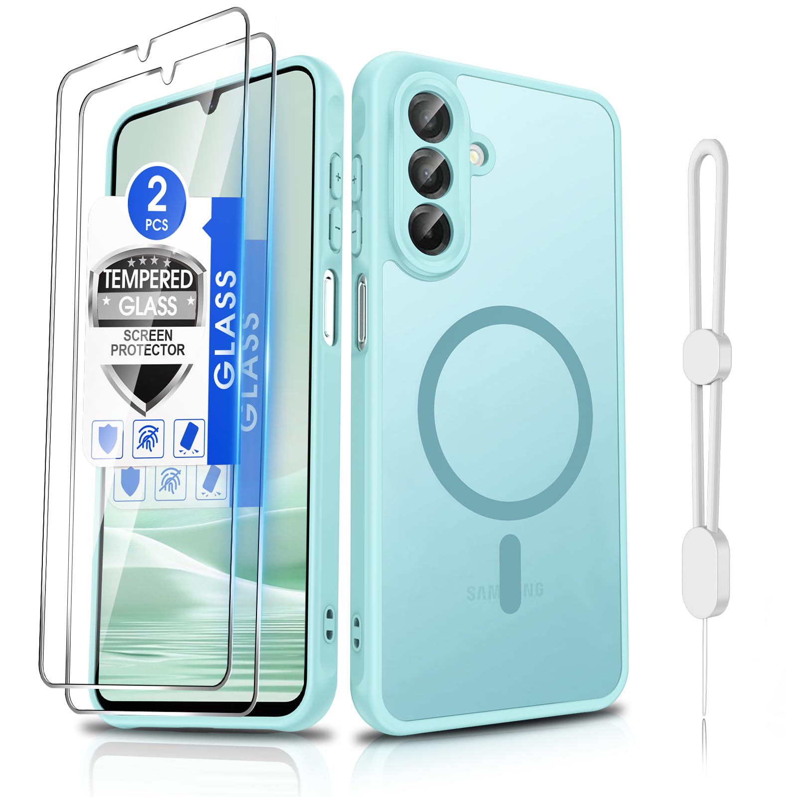 Dizn Magnetic Case for Samsung Galaxy A26 5G Phone Case:with 2Tempered Glass,[Compatible with MagSafe]Wireless Charging,Hand Strap,Matte Translucent Shockproof,Phone Cover for Samsung Galaxy A 26,Mint