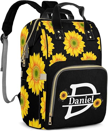 zaaprintblanket Mochila de pañales con patrón de girasoles personalizada con nombre Bolsa de bebé personalizada para mujeres, regalo de mamá y niña,