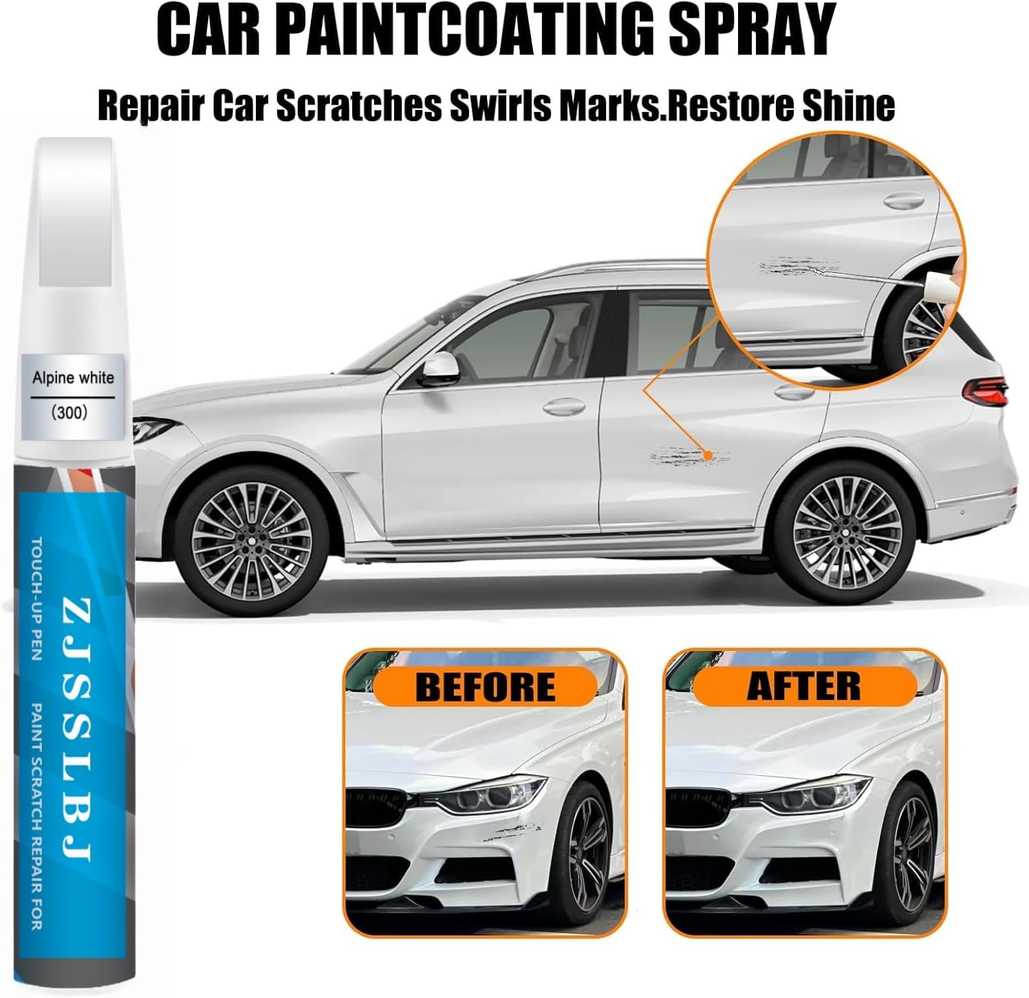 Touch Up Paint for BMW, Car Paint Pen Scratch Repair Two-In-One Touch Up Paint, Premium Car Scratch Remover for Deep Scratches (Alpine White(300) for 2/3/4/5/7/8/X1/X2/X3/X4/X5/X6/X7/Z4/iX/i4/i5/i7)
