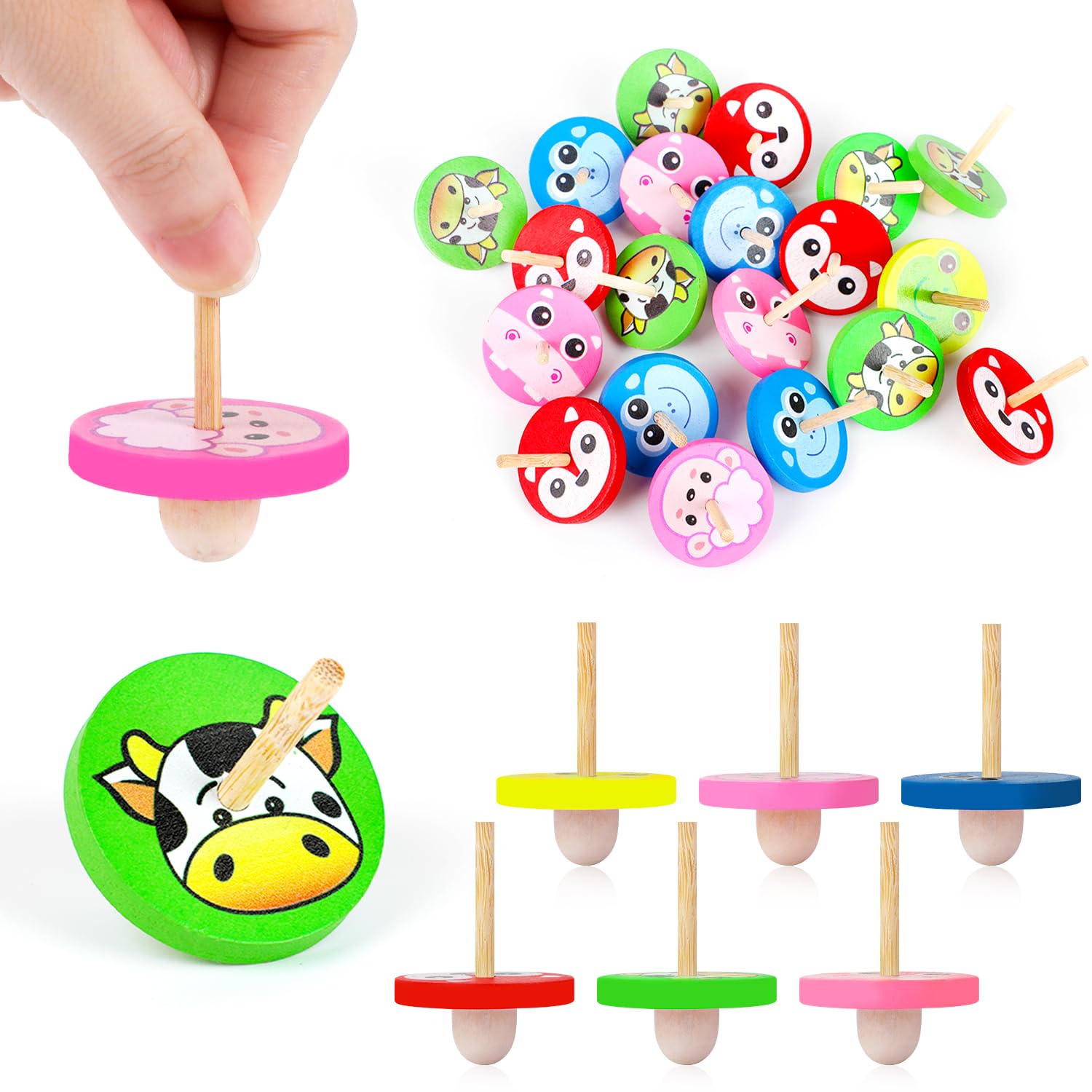 VEYLIN Holzkreisel Set 36 Stück - Bunte Spielzeug Kreisel Mit Tiermotiven Für Kindergeburtstage