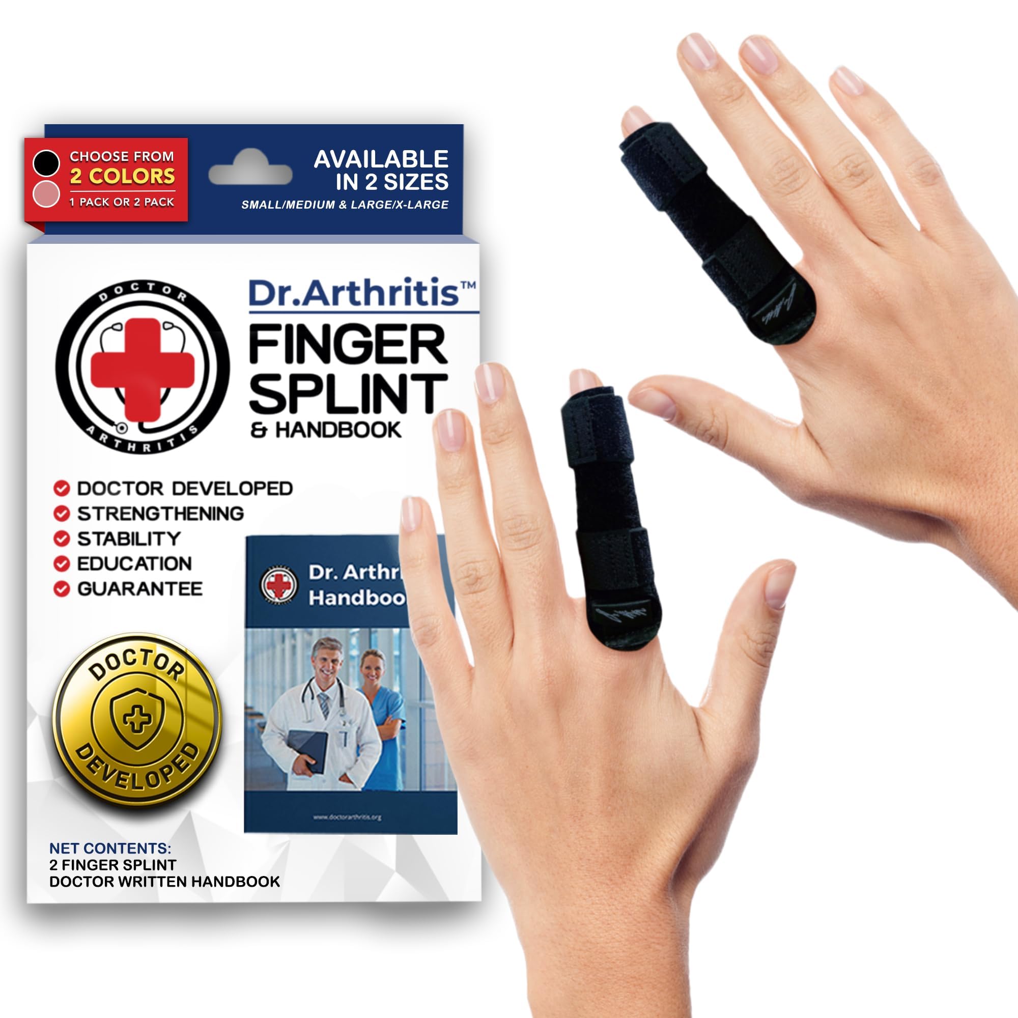 Dr. Arthritis Doctor Developed Finger Splint Trigger Finger Brace - Braces, Splints & Supports Index, Middle, Ring & Pinky - Padded Finger Splints (Black L/XL, 2 Pack)