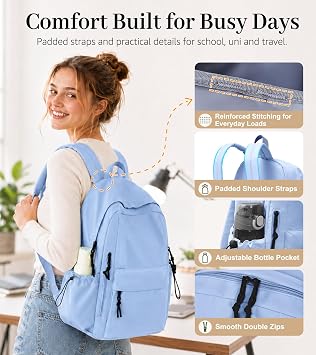 FIORETTO Backpack Womens School Bag Girls Boys, Lightweight Water-Resistant Fits 15.6” Laptop Large Capacity Rucksack with Rain Cover, Ideal for School College Commuting Travel Blue