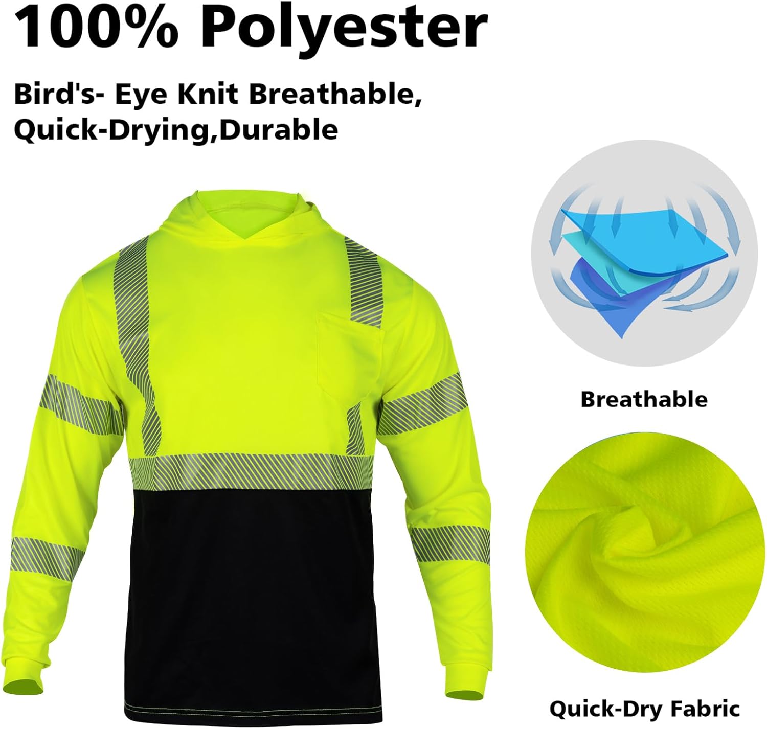 VENDACE 3pcs Safety Reflective High Visibility Long Sleeve ANSI Class 3 Hi Vis Construction Work T Shirts for Men with Hood - Image 4