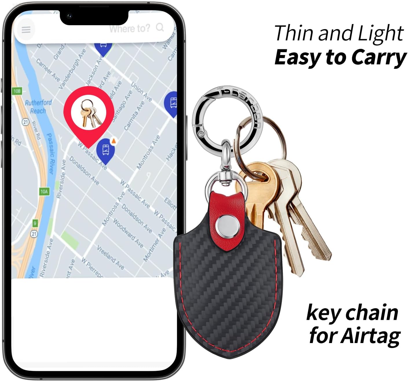 T-carbon Airtag Holder for Key Fob with Keychain;Leather and Carbon Fiber Handmade Case Fits Apple AirTags;Anti-Lost Holder with Key Ring for Luggage;Access Card Holder;RFID Key Fob Bag