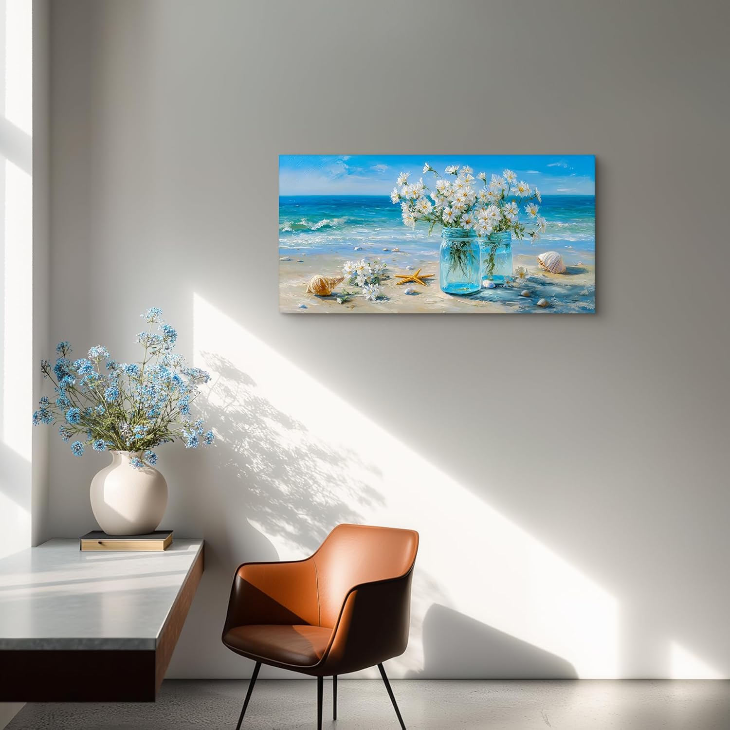SLYCAY Beach Scene Canvas Large Wall Art Blue Ocean Landscape Prints, Teal Coastal Theme Bathroom Decor Florals Seashell Starfish Painting Pictures Living Room Office Bedroom Artwork 20"X40"