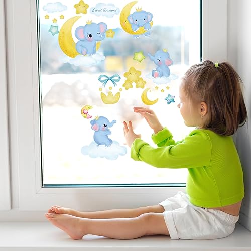 Miniatura 7 de Calcomanías de pared de elefante para bebé, calcomanías de pared de elefante de dulce sueño, murales de pared para despegar y pegar, extraíble, luna