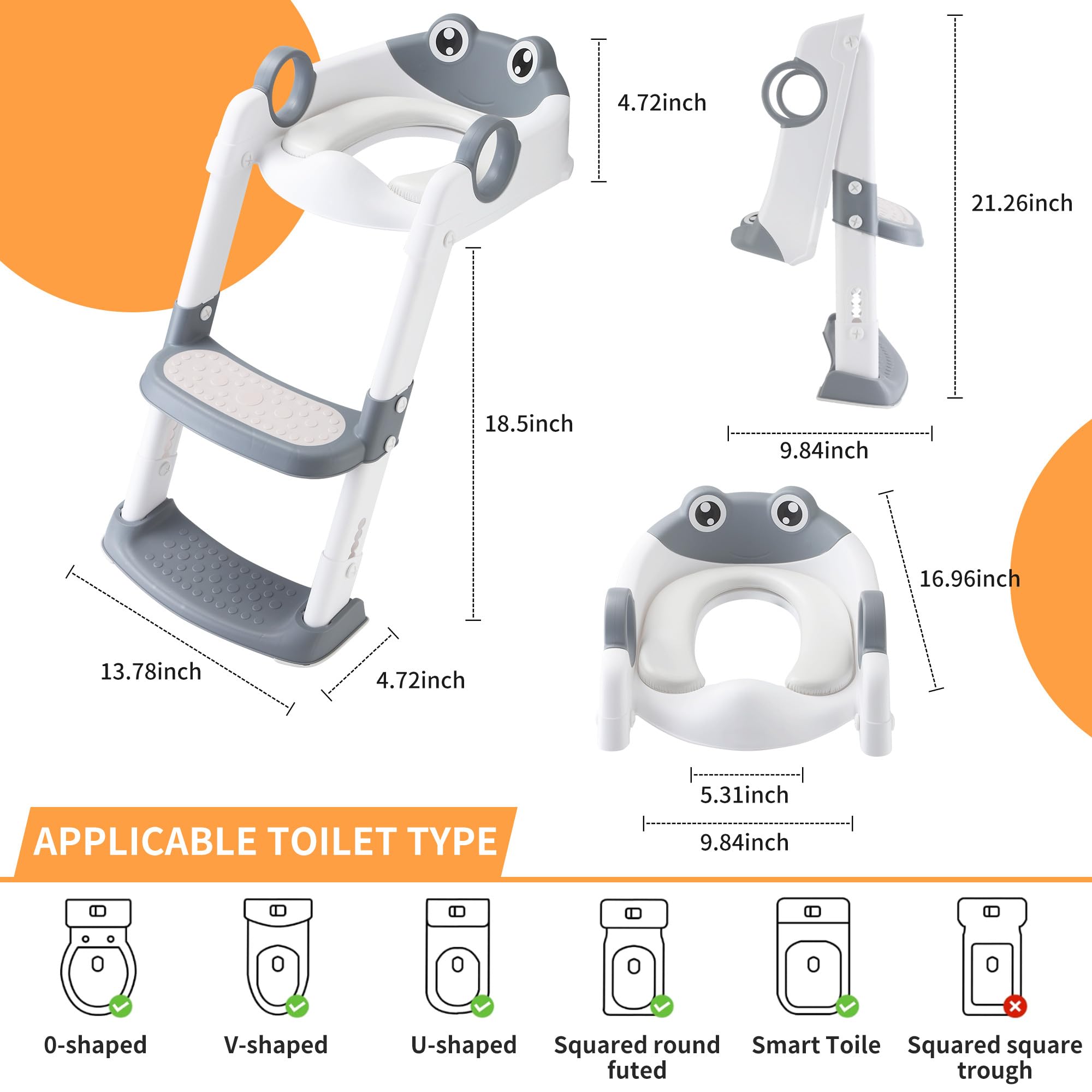 Riduttore WC per Bambini, Sedile per WC per Bambini con Scaletta,Con Corrimano di Sicurezza, Cuscino in PVC, Pieghevole, Adatto a Bambini da 1 a 7 Anni (Grigio Bianco)