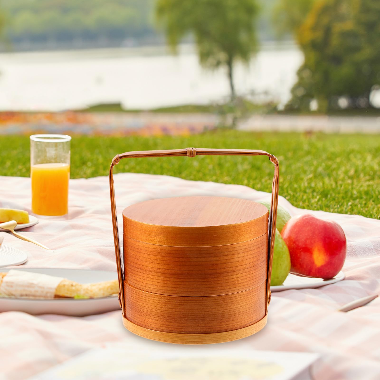TOPBATHY Contenitore Bento a Doppio Strato in Legno Manico Portatile