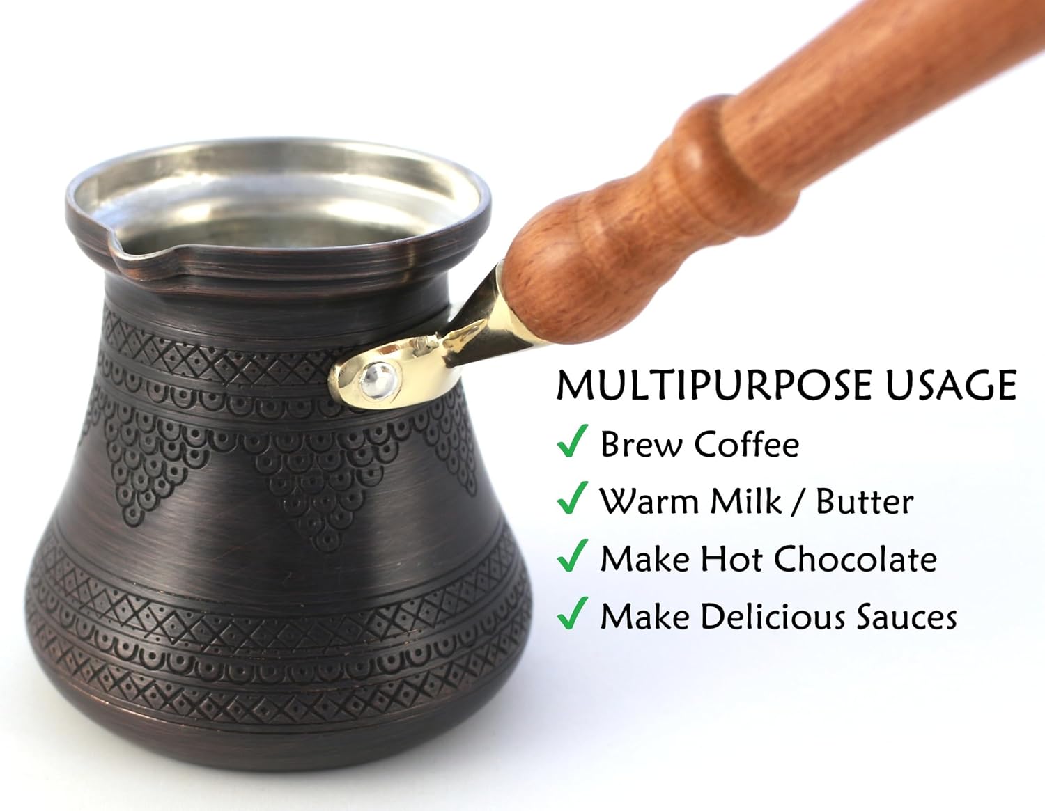 PCZ Series (Large-14fl.oz) - Thickest Solid Copper Engraved/Hammered Turkish Greek Arabic Coffee Pot with Wooden Handle, Stovetop Coffee Maker Cezve Jezve Jazva Ibrik Briki (Antique)