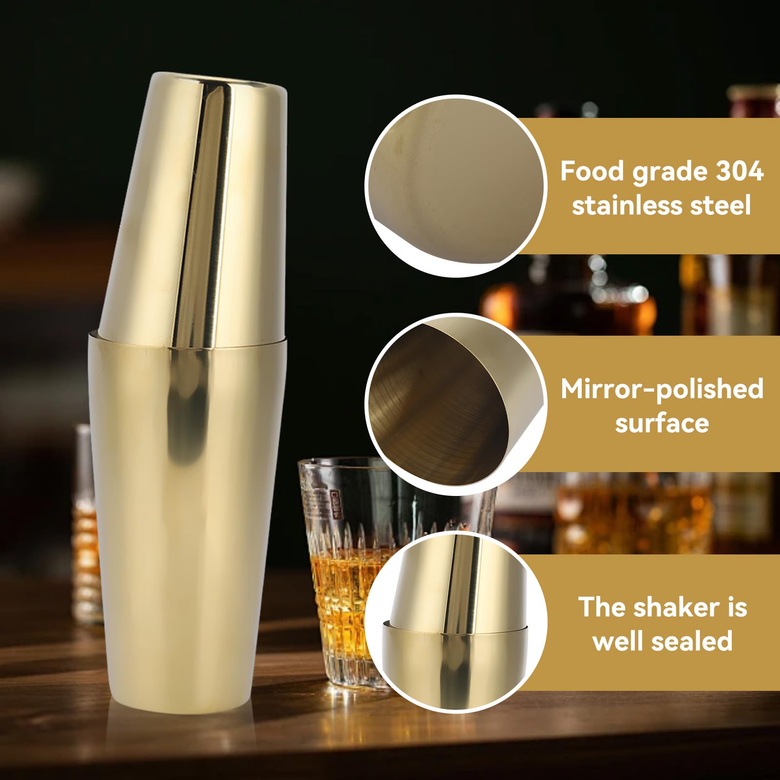 Shaker per cocktail, shaker Boston in acciaio inossidabile 17oz/26oz Martini Shaker Shaker per bevande per barman e home bar(Oro)