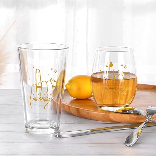 Miniatura 2 de Futtumy Regalos de boda para recién casados, Mr Mrs Right - Juego de copas de vino sin tallo y copas de cerveza para parejas, recién casados, Mr &