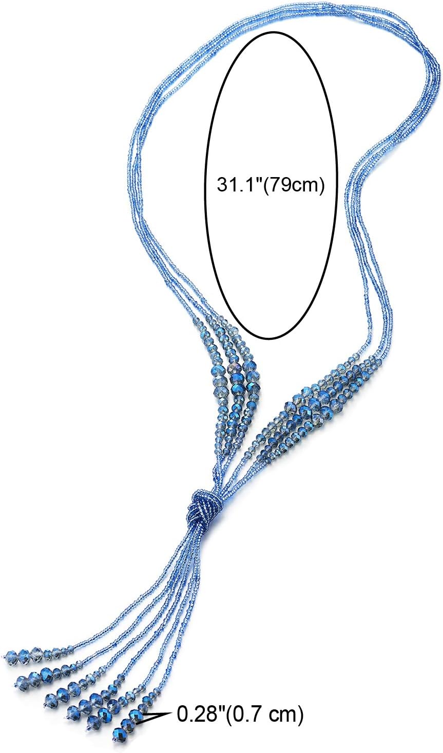 COOLSTEELANDBEYOND Boho Chic Lariat Necklace Tassel Pendant Pastel Blue Crystal Bead Three-strand Long Chain Y-Shape - Image 3