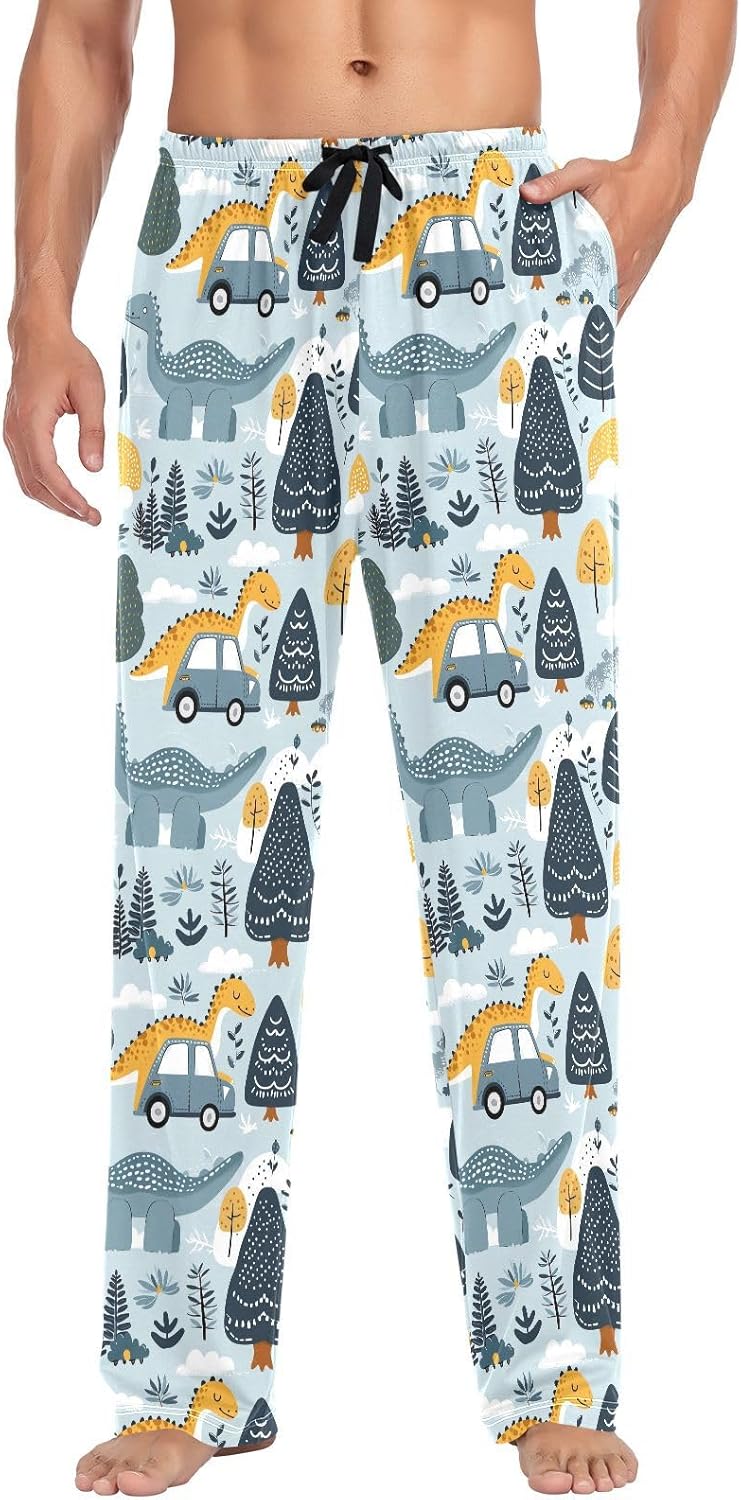 ALAZA Dino Dinosaur Car Men's Pajama Pants Men Cotton Pajama Bottoms with Pockets, S