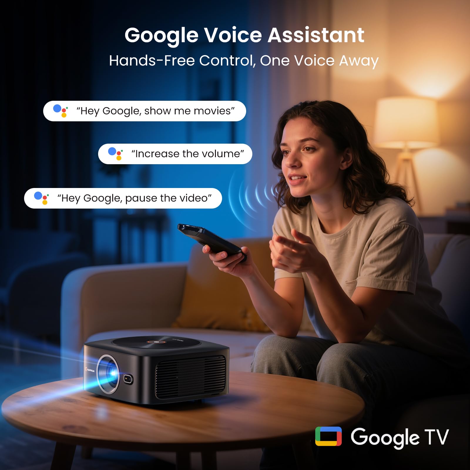 1500 ANSI Official Licensed Google TV Smart Projector, HAPPRUN 4K Full HD Home Theater with Auto Focus, Dolby Sound, Wi-Fi Bluetooth, Built-in Apps, Compatible with Phone & PC, Indoor & Outdoor Use