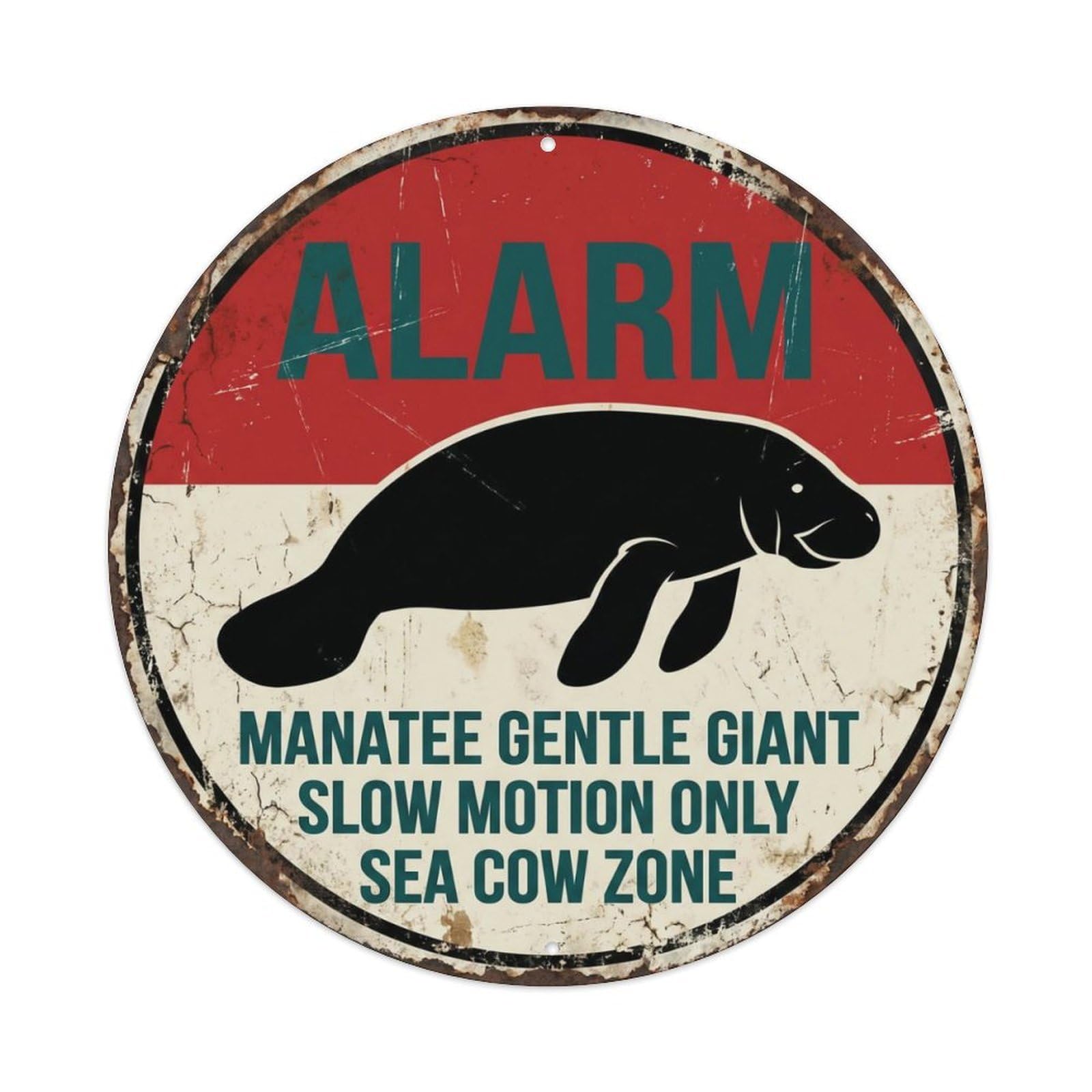 Fqcyn Style Lazy Manatee Slow Swimmer Metal Tin Sign Plaque Wall Decor For Cafe, Club Bar, Office, Home Garden Round Metal Poster 8X8inch