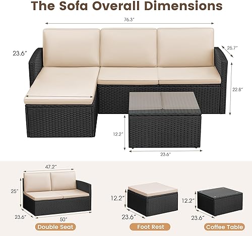 Miniatura 5 de Devoko juego de muebles de patio, 4 piezas de conversación al aire libre, juego de sofá seccional para patio, de mimbre de ratán de polietileno,