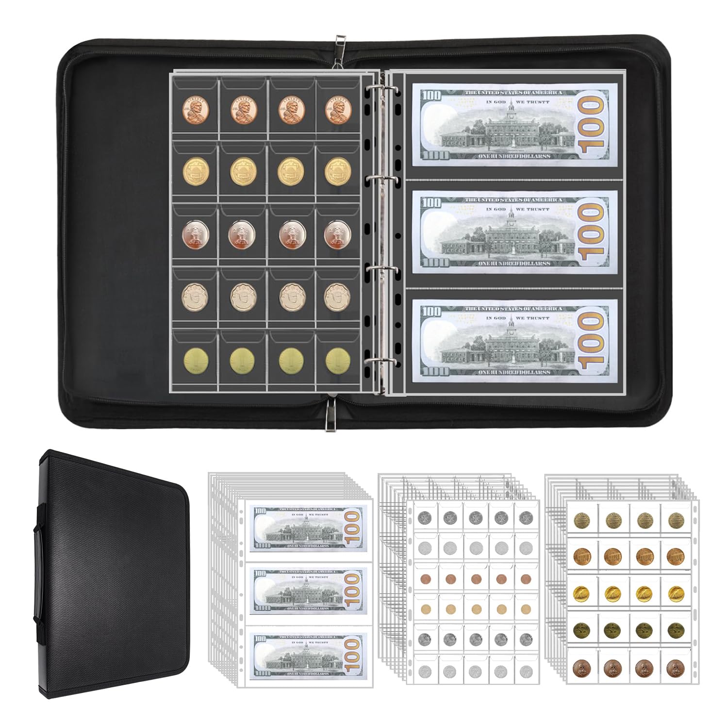 Coin Collection Supplies Holder for Collectors with Handle, Fireproof 400 Pockets Coin Collection Book & 36 Paper Money Organizer Binder for Coin