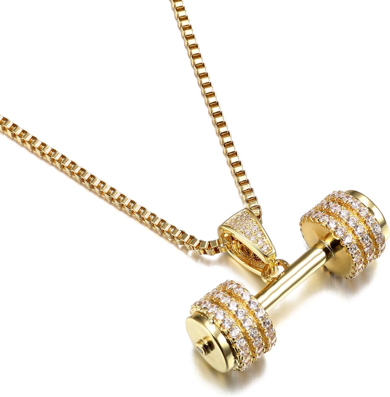 Iced Out Sports Theme Pendant Necklace AAA CZ Crystal Jewelry (Dumbbell Gold)