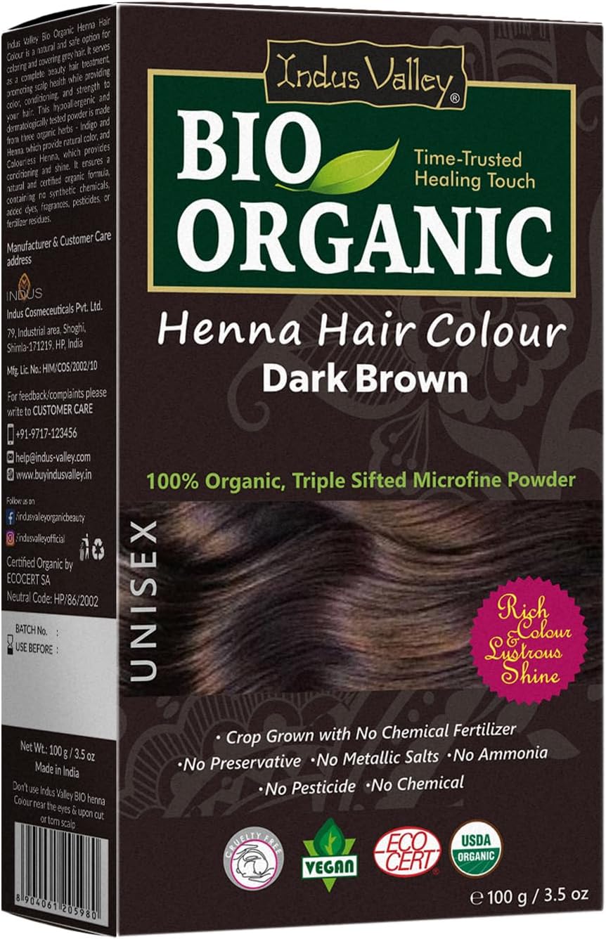 INDUS VALLEY 100% Organic Henna Hair Color Dark Brown Nourishes and Moisturizes Hairs Triple Sifted Microfine Powder (100g)