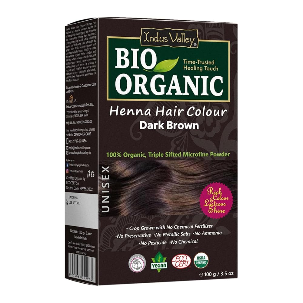 Indus Valley Bio Organic Natural Henna Powder For Hair Dye Dark Brown- 3.5 Oz