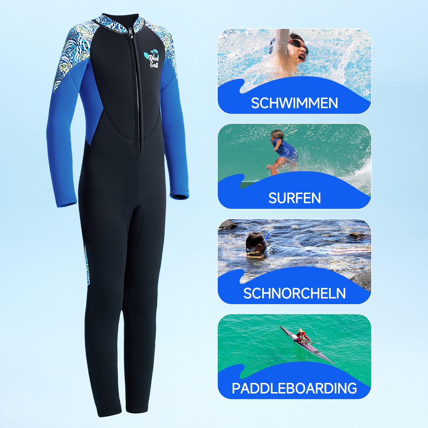 Combinaison en néoprène pour enfants - Combinaison humide pour garçons et filles - 2,5 mm - Fermeture éclair à l'avant - Combinaison de plongée chaude - Natation - Sports nautiques - Surf - Snorkeling