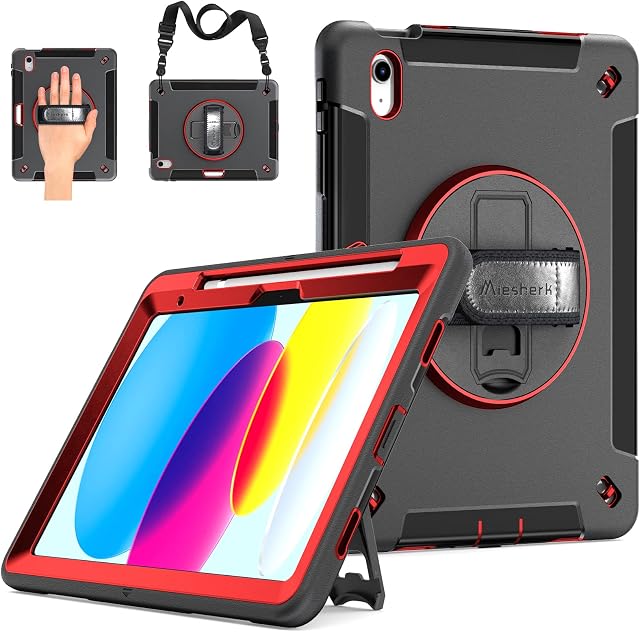 Miesherk Case for iPad 10th Generation 10.9: Military Rugged Protective Shockproof Cover for iPad 10th Gen 10.9 inch 2022 with Apple Pencil Holder - Rotating Stand - Hand & Shoulder Strap - Red