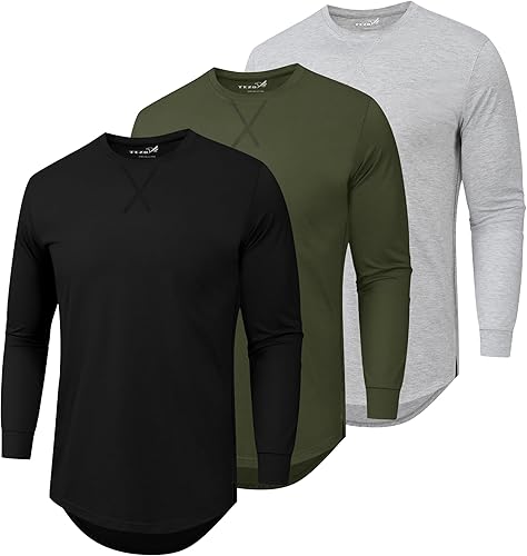 Paquete de 3 camisetas lisas de algodón para hombre de manga corta, cuello redondo casual, camisetas hipster de hip hop de línea larga, corte caído,