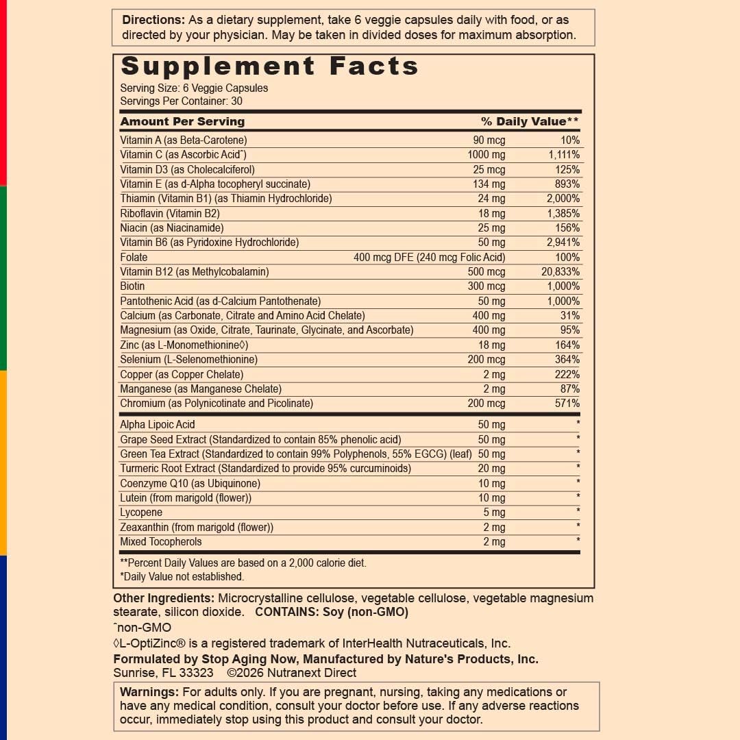 Stop Aging Now - Multi360 - Multivitamin for Women & Men - with Zinc, Biotin, Vitamin C, D3, & B12-8 Servings of Fruits & Veggies - Daily Antioxidant Complex - 180 Veggie Capsules