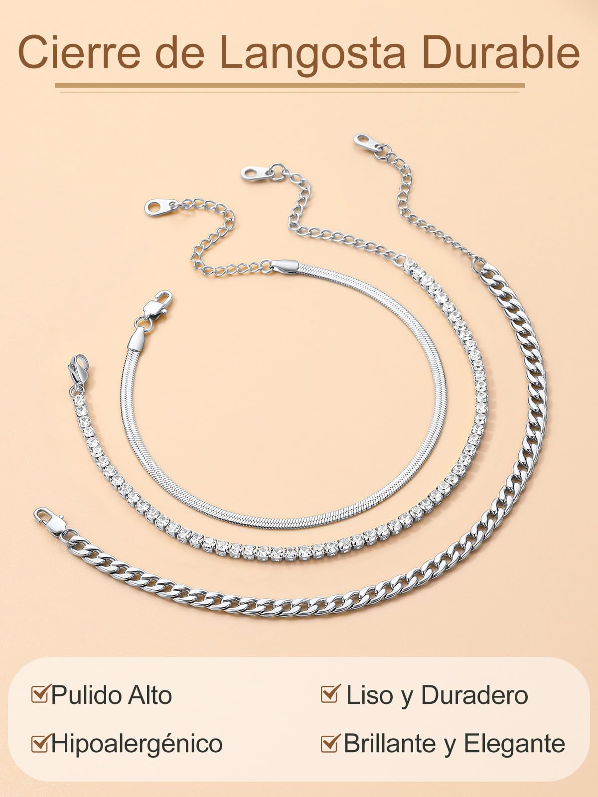 FindChic Tobillera Pulsera Mujer de Acero Inoxidable con Circonitas Blancos/Negros multicadena de pie para verano y playa,ajustable 18/22+5cm