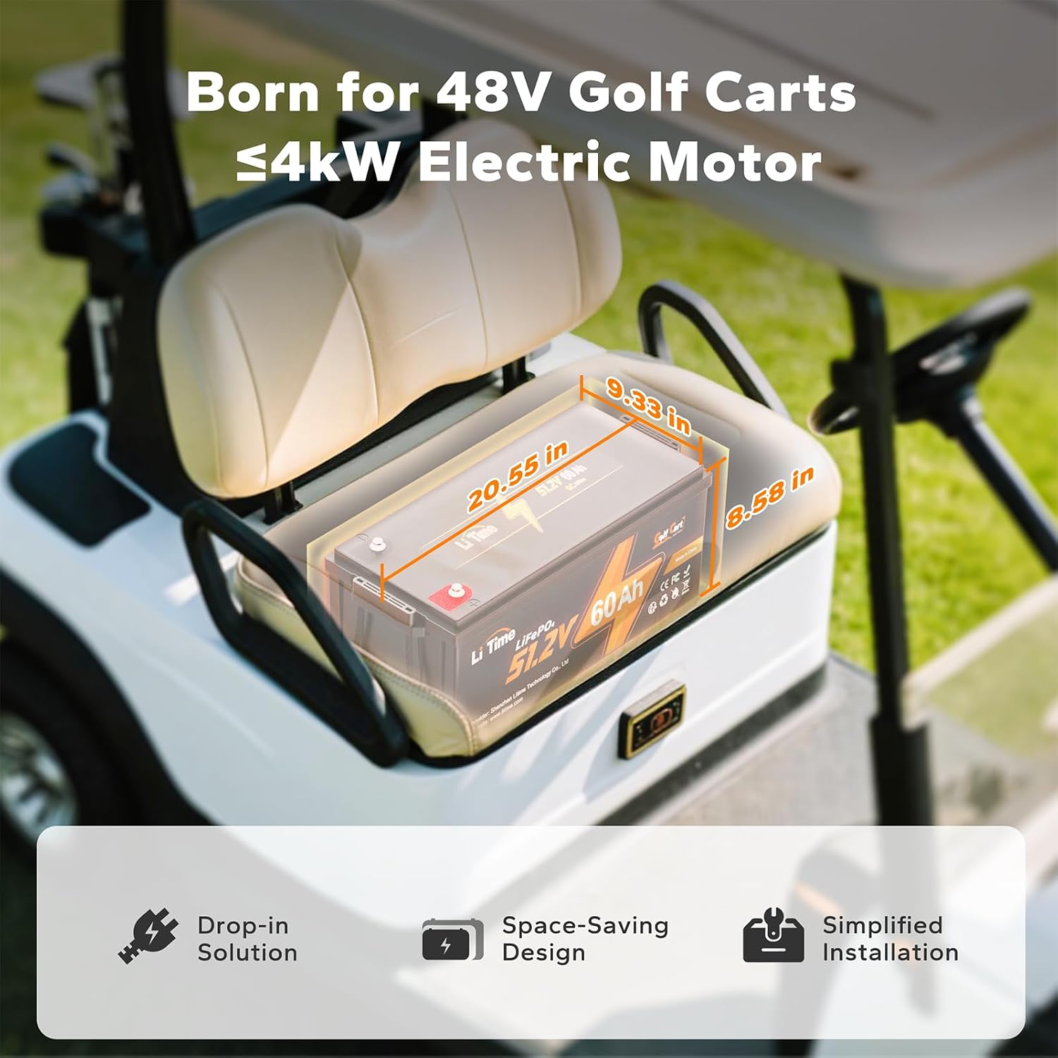 LiTime 51.2V(48V) 60Ah Lithium Golf Cart Battery, Built-in 120A BMS, 15000 Cycles Rechargeable LiFePO4 Battery, Support up to 4kW Motor, Max 6.14kW Continuous Power Output, Perfect for Golf Carts